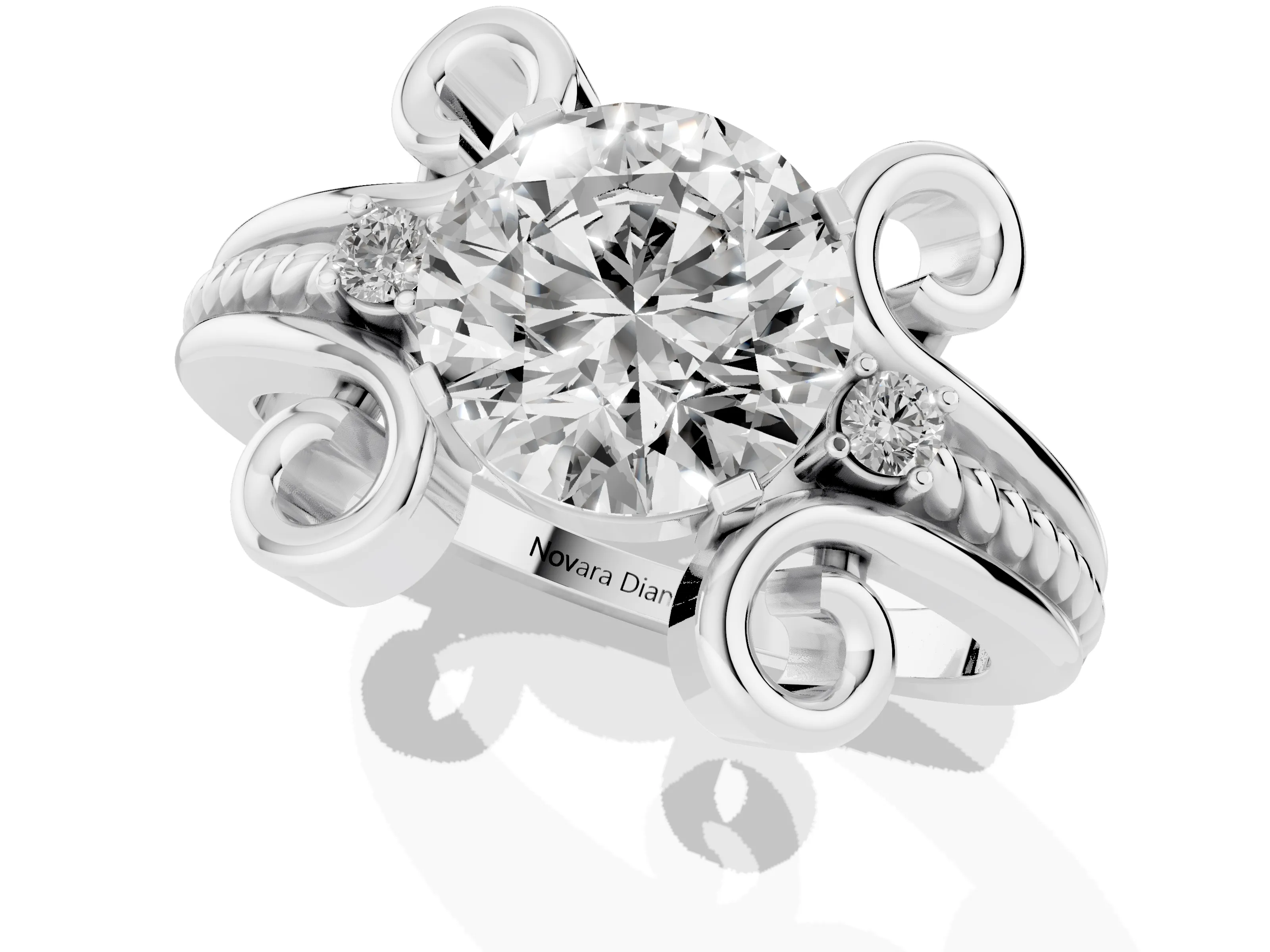 Round Cut Diamond Twisted Band Solitaire Ring Set in White gold with Scroll Prongs