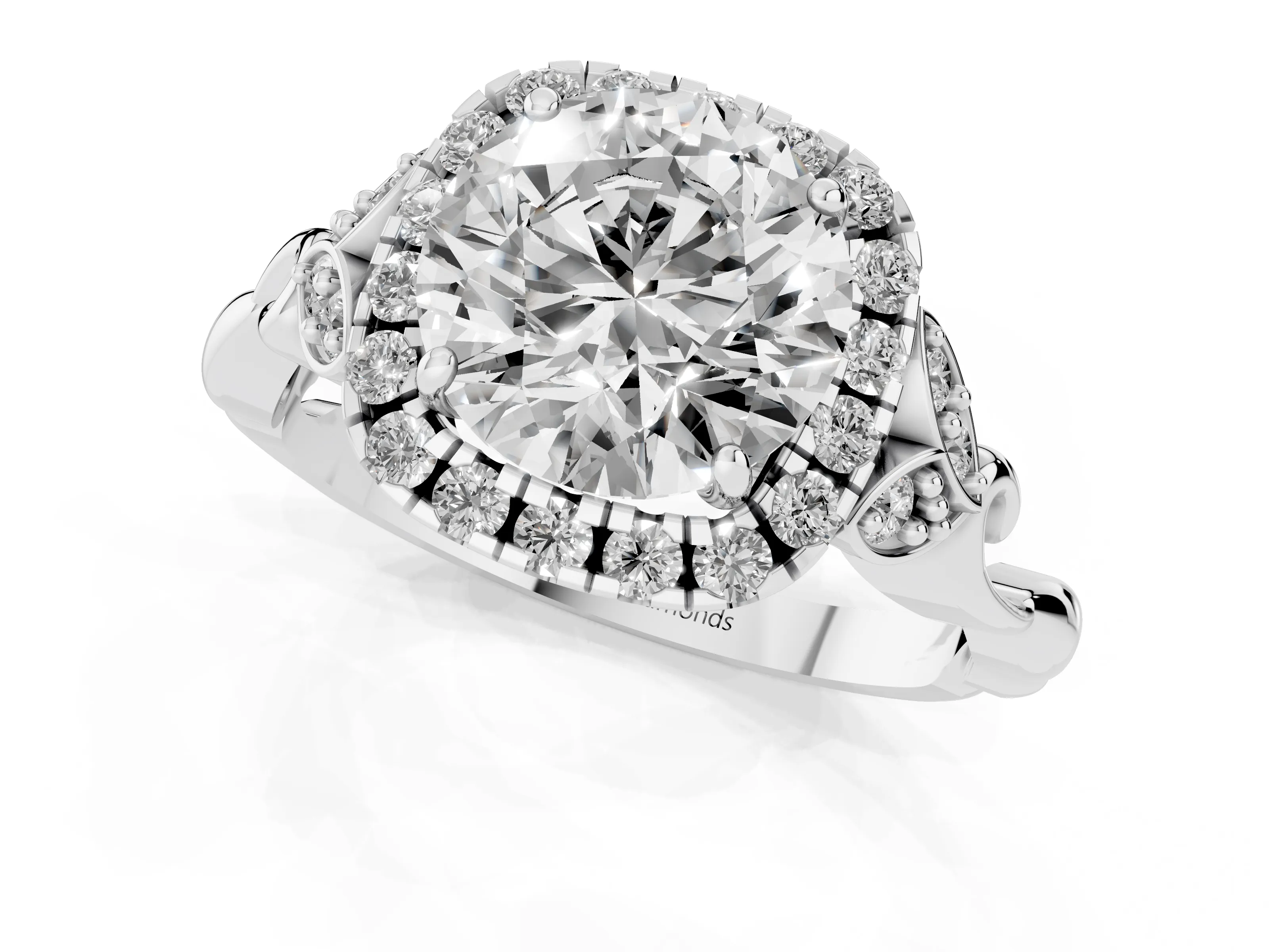 Round Cut Diamond Halo Engagement Ring Set in White gold with Vintage-Inspired Band and Prong Setting
