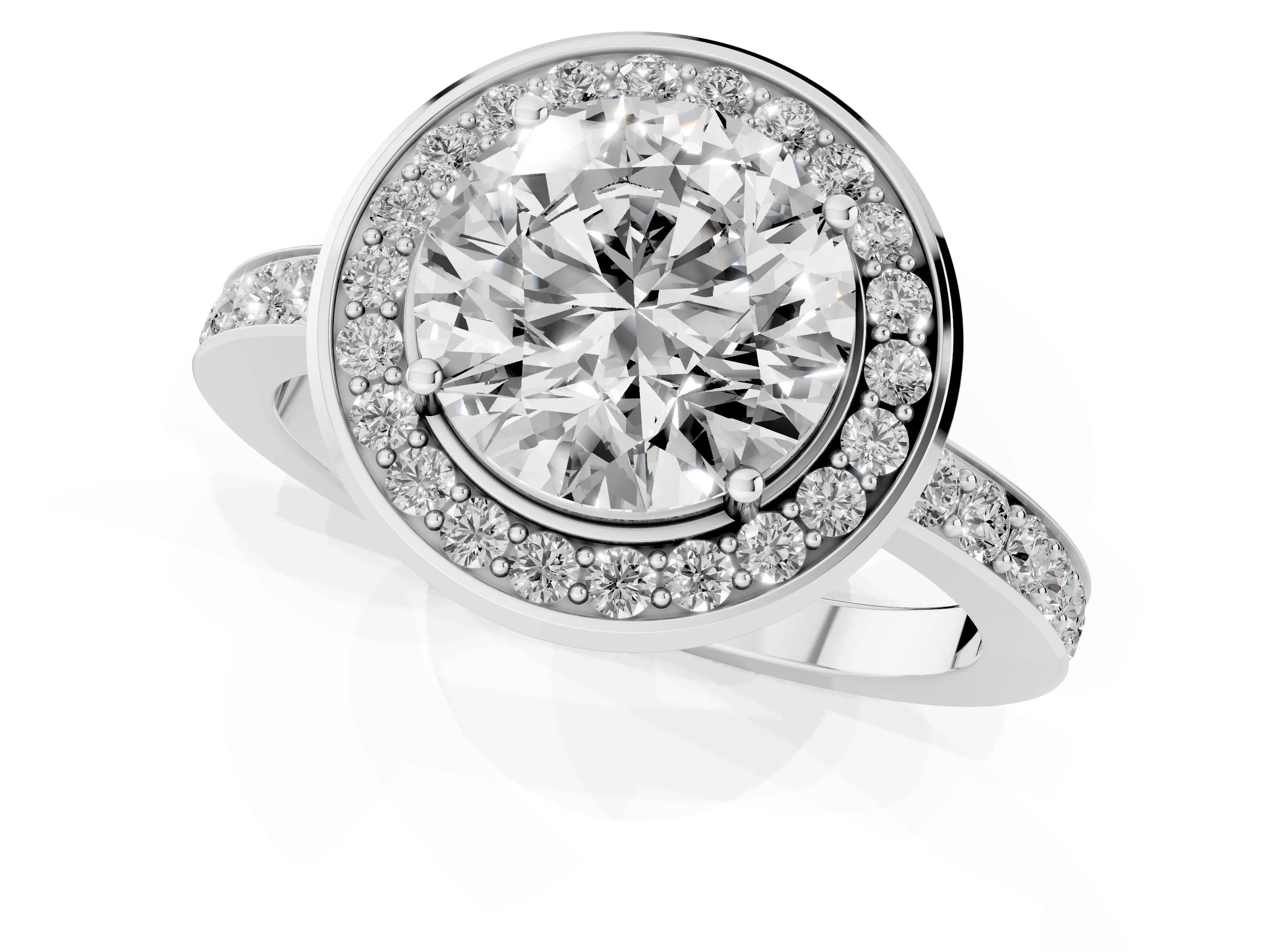 Round Cut Diamond Halo Ring Set in Silver with Bezel Frame and Pavé Band