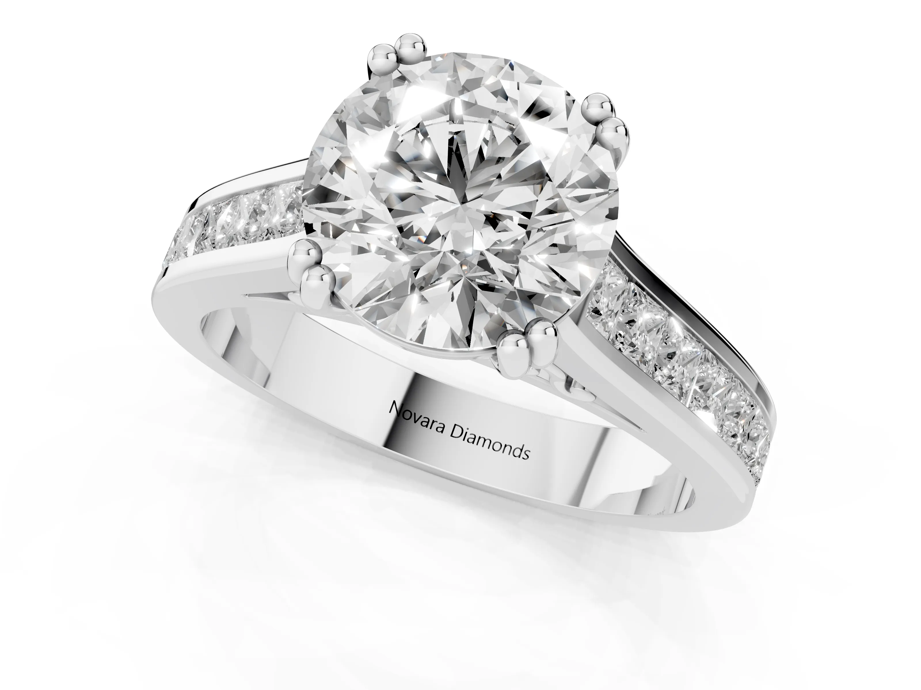 Round Cut Diamond Channel Set Solitaire Engagement Ring Set in Silver with Prong Setting