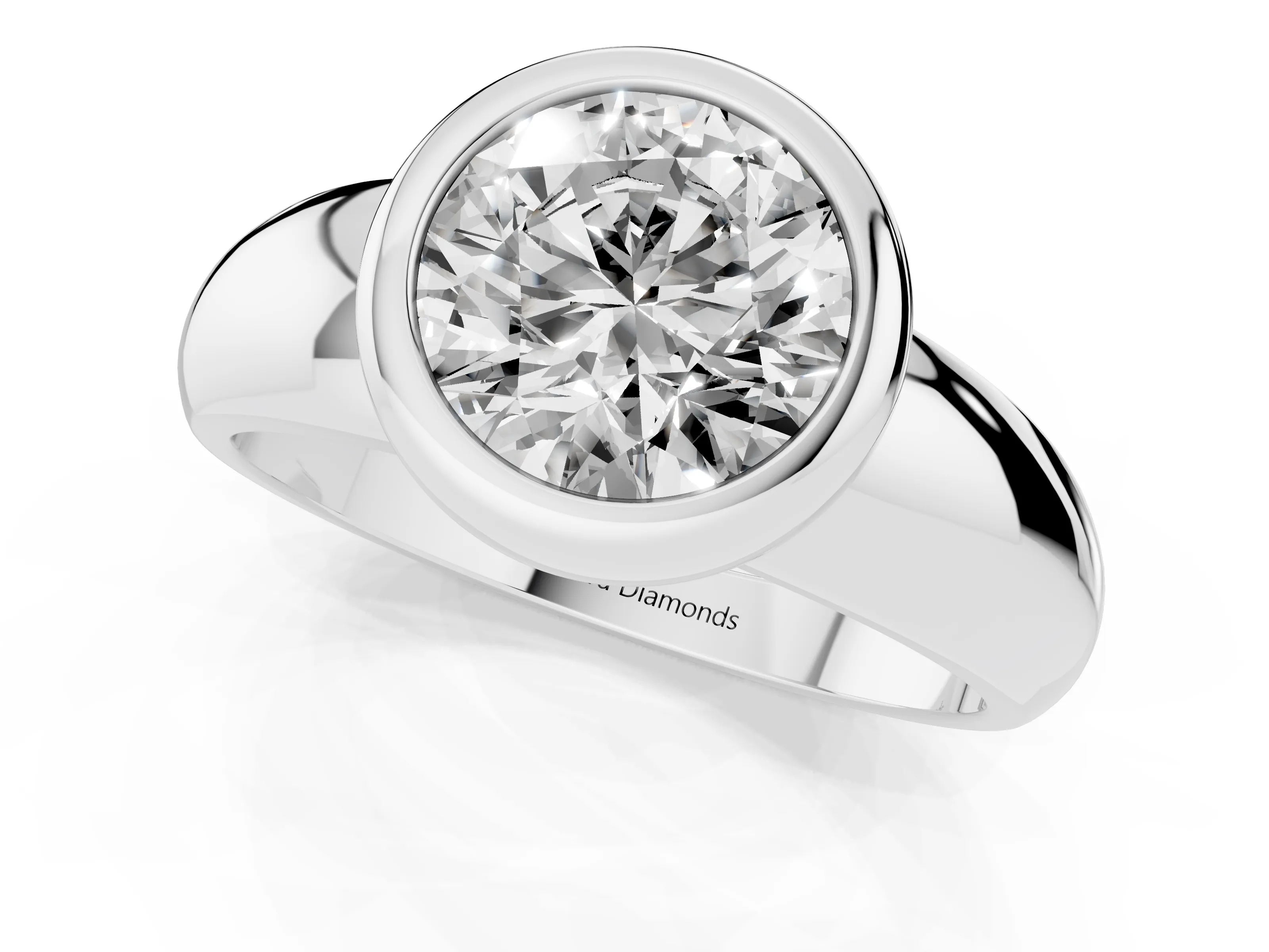 Bezel Set Round Cut Diamond Solitaire Ring Set in Silver with Wide Band