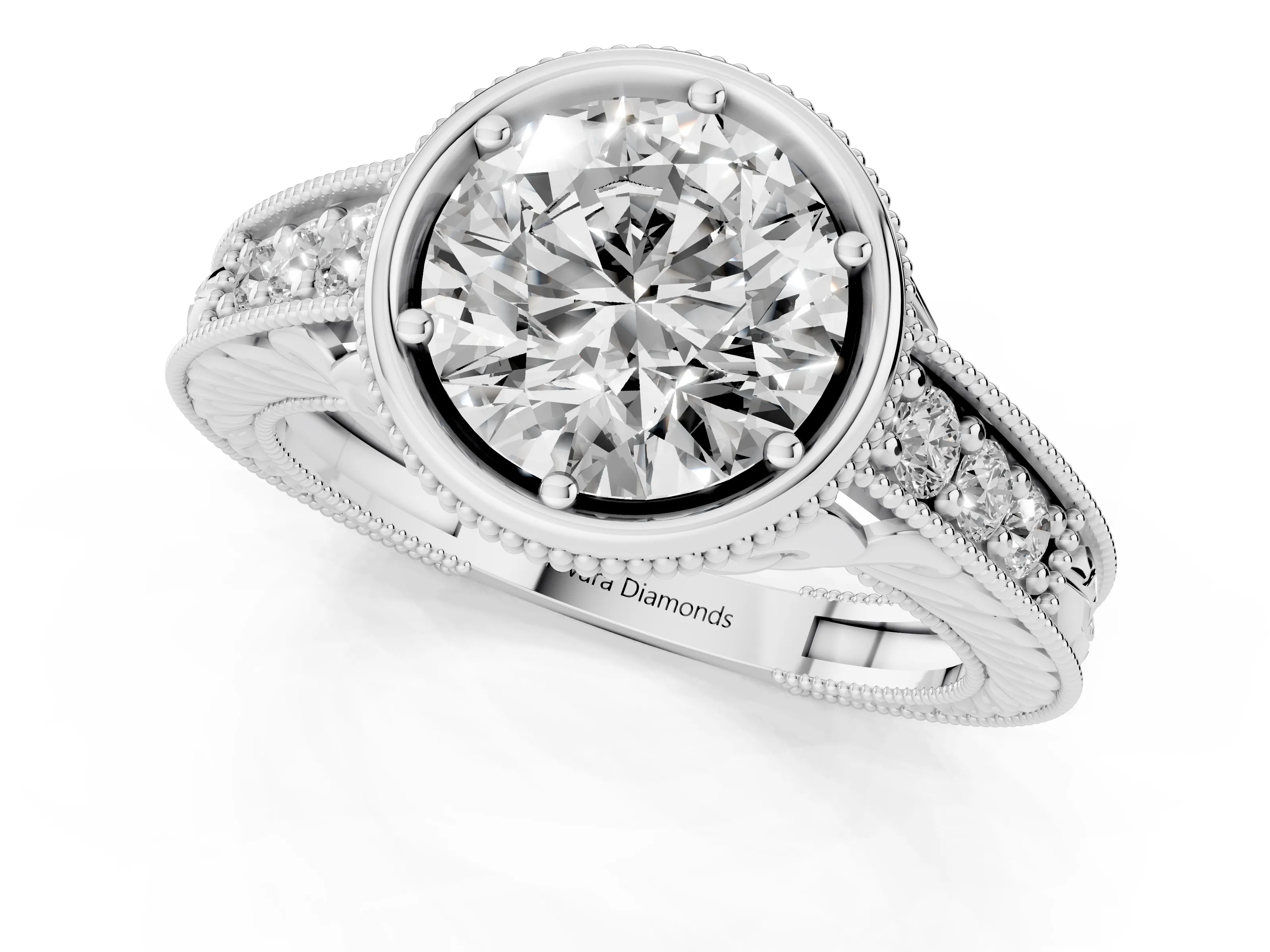 Bezel Set Round Cut Diamond Milgrain Pavé Engagement Ring Set in Silver