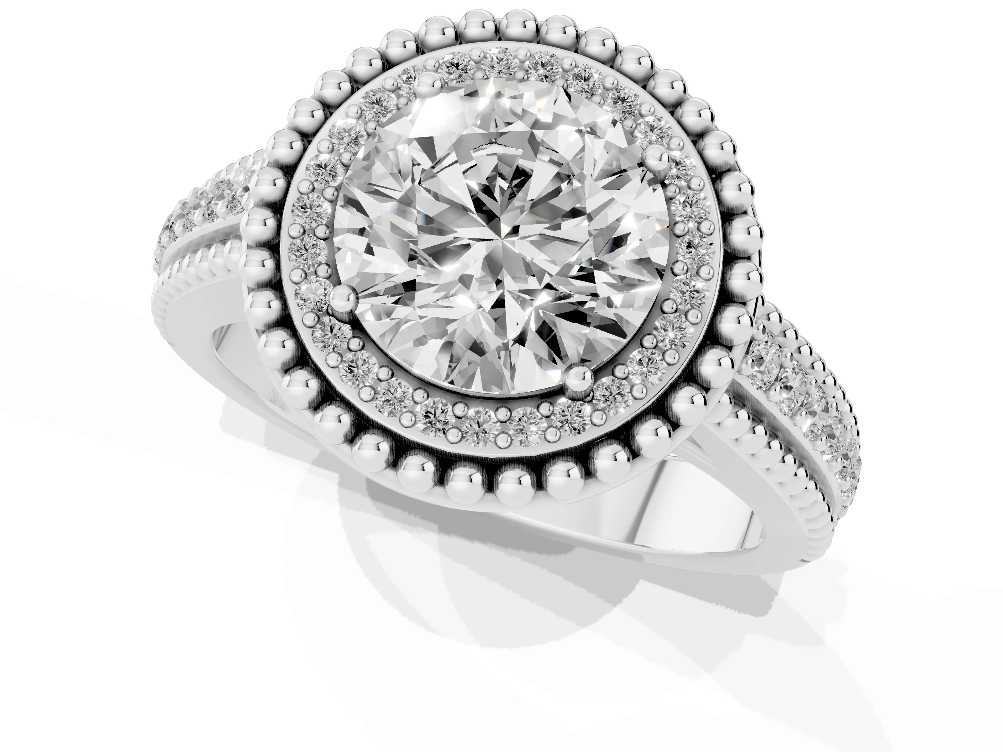 Round Cut Diamond Halo Ring Set in Platinum with Beaded Split Shank and Prong Setting
