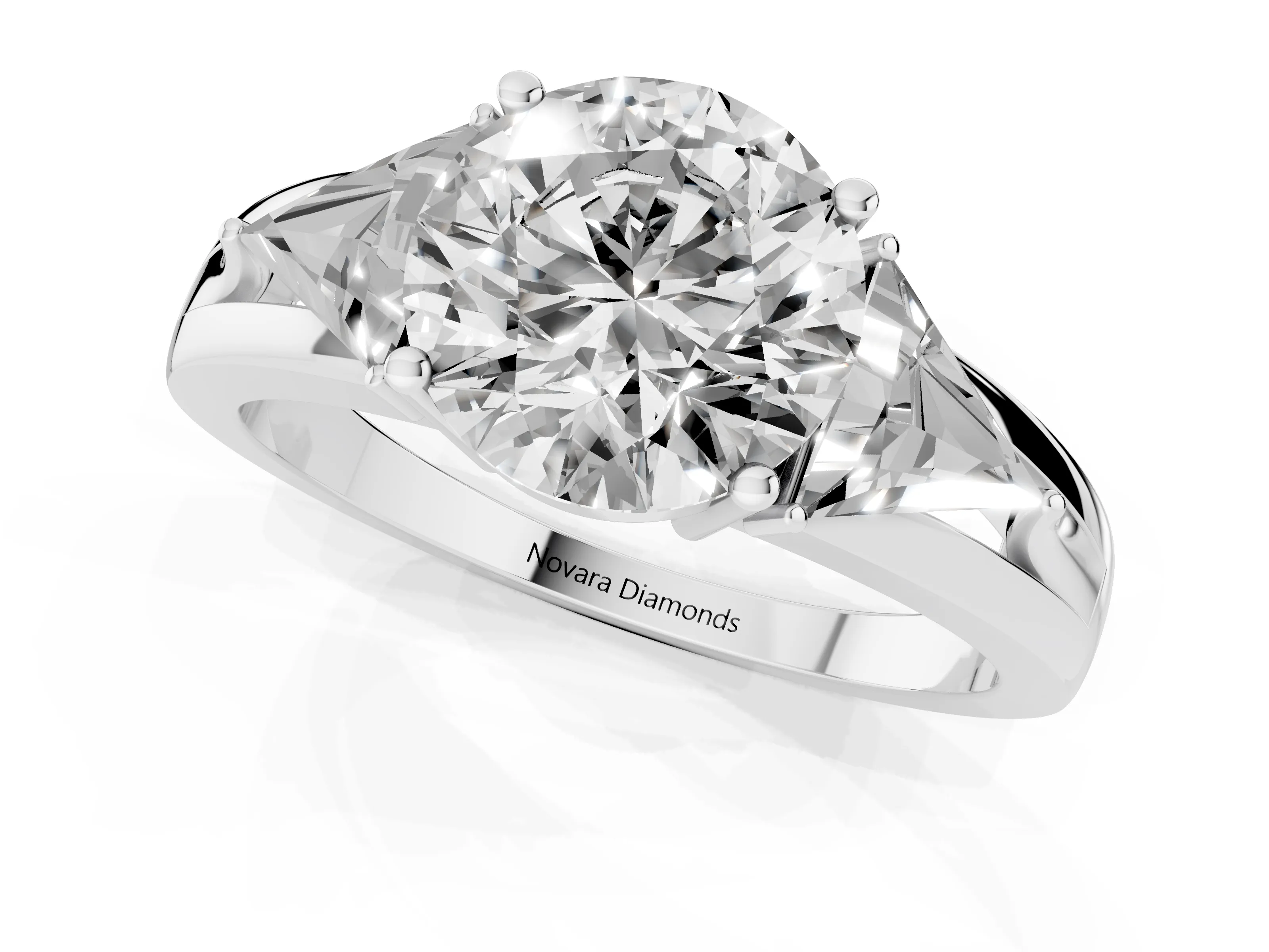 Round Cut Diamond Three-Stone Ring Set in Platinum with Trillion Side Stones and Split Shank