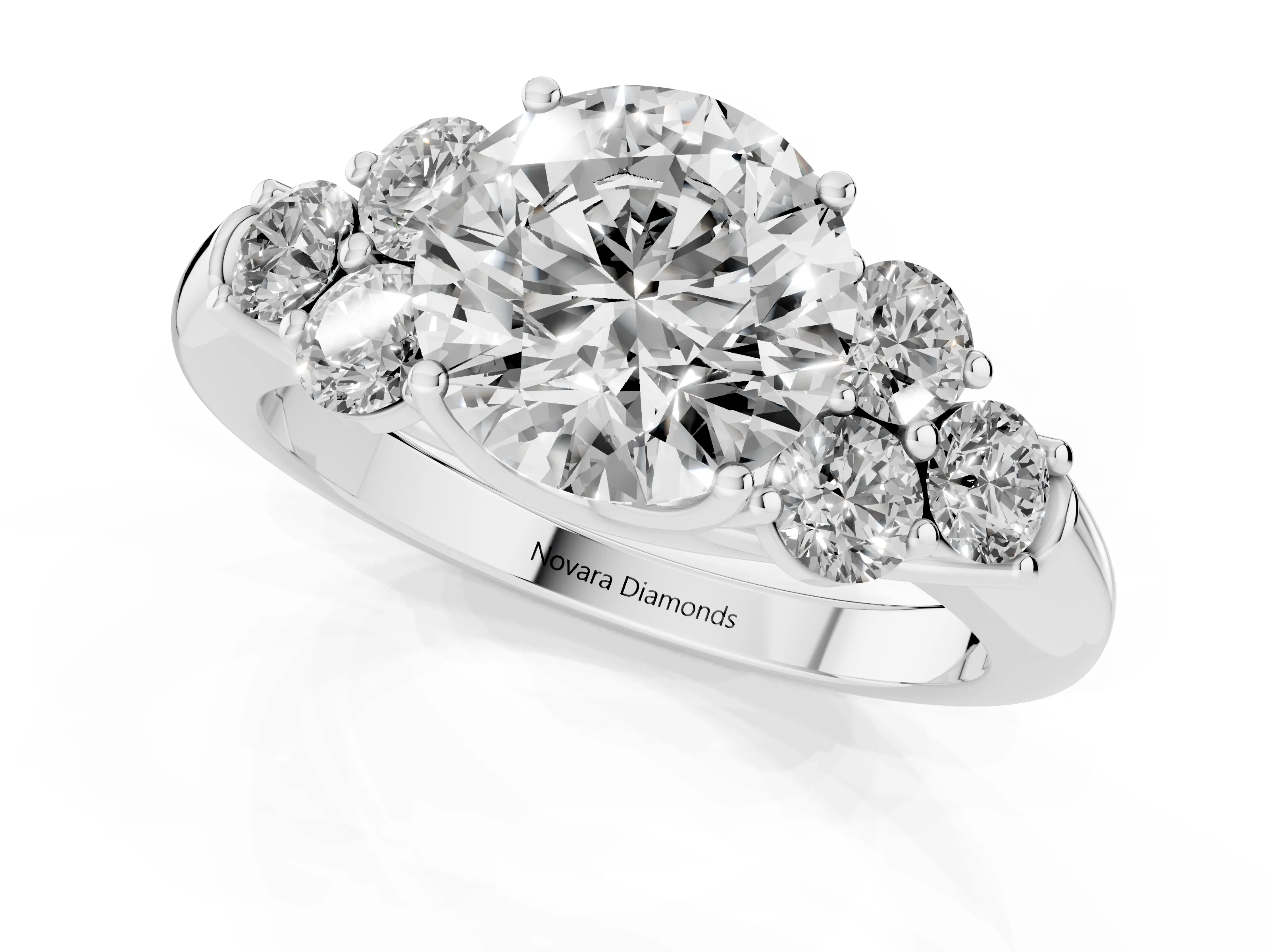 Round Cut Diamond Cluster Ring Set in Platinum with Round Accent Stones and Prong Setting on a Plain Band