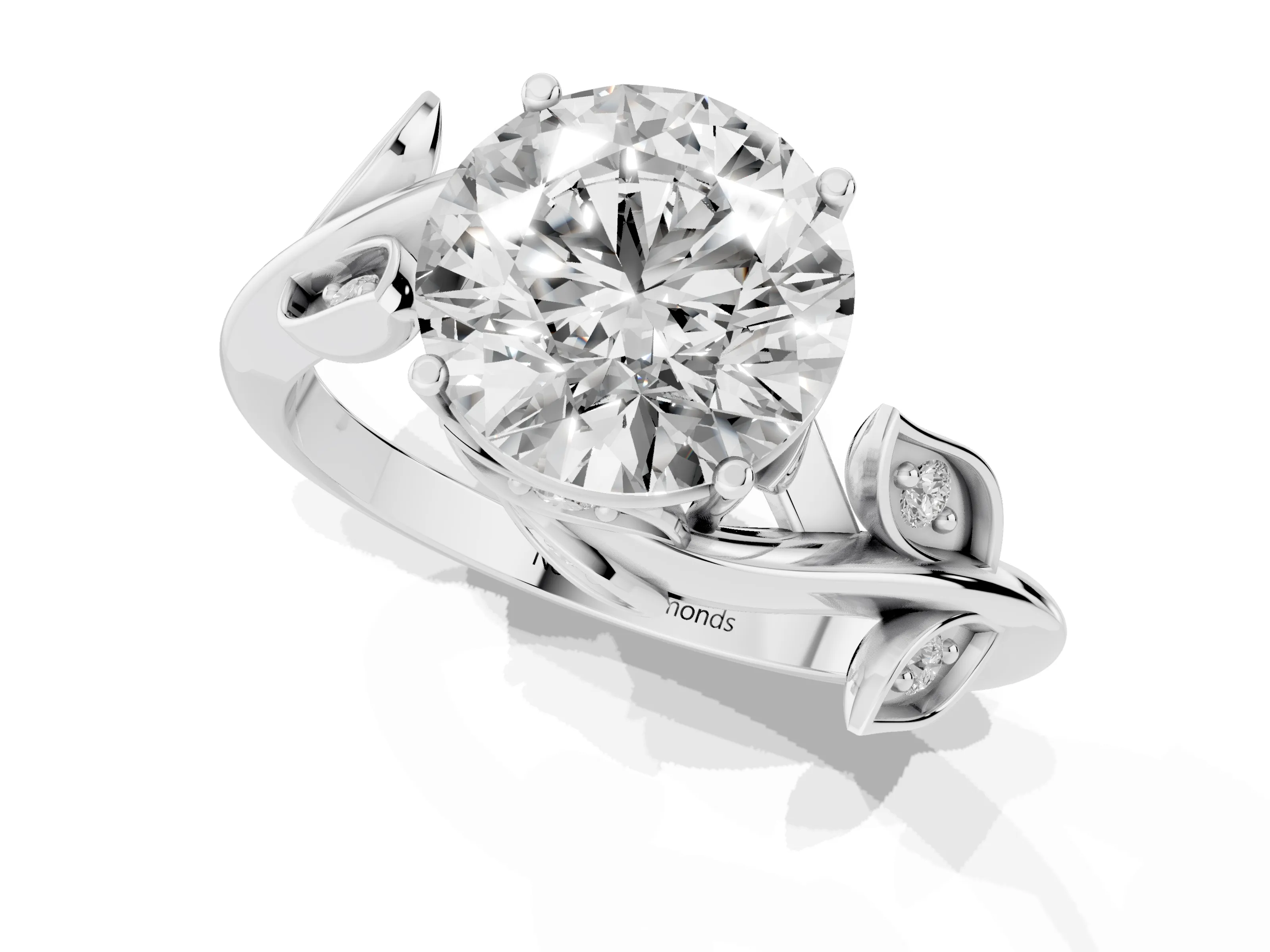 Round Cut Diamond Solitaire Twist Engagement Ring Set in Platinum with Pavé Leaf Accents