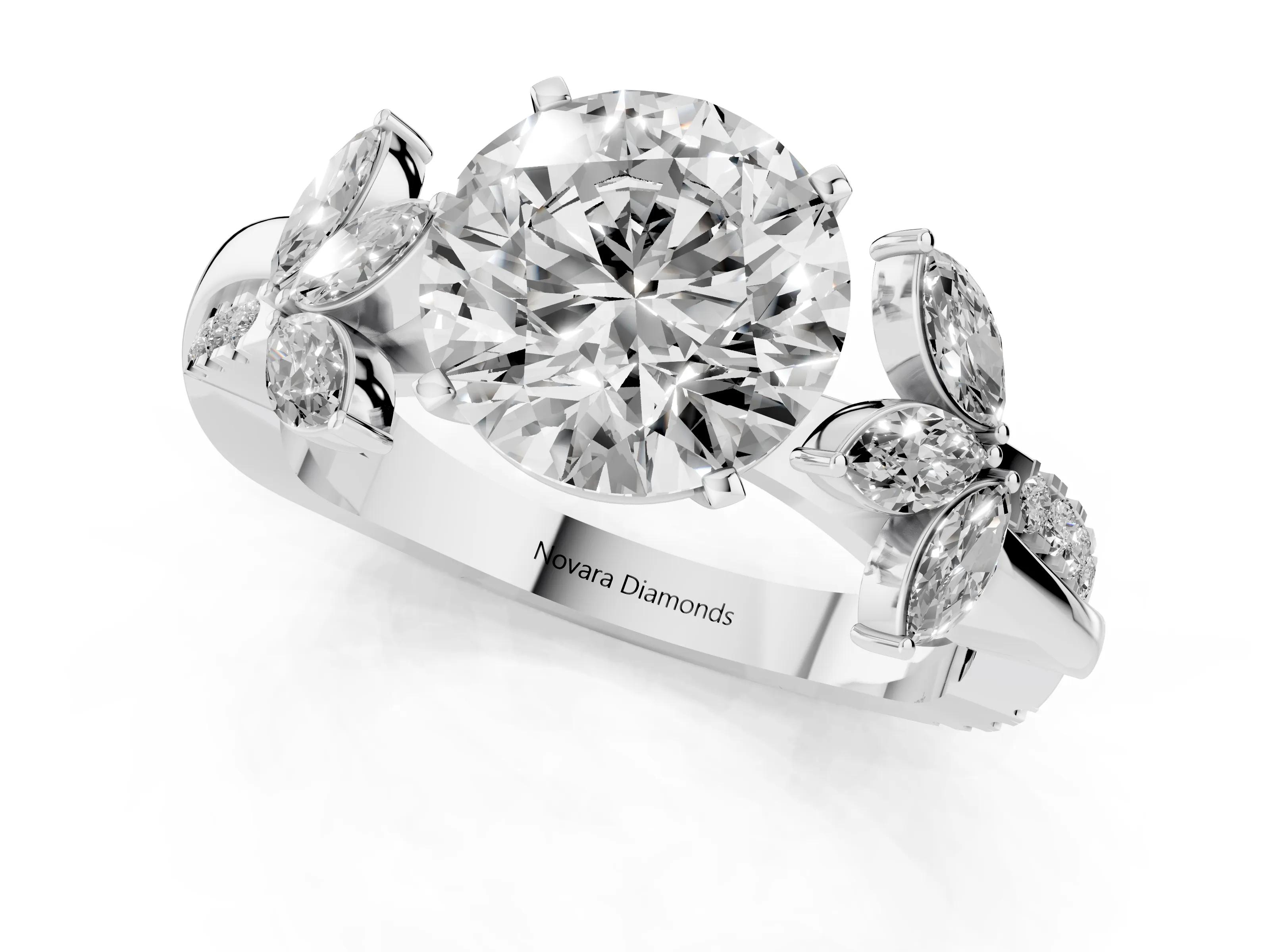 Round Cut Diamond Floral Vine Solitaire Engagement Ring Set in Silver with Marquise Leaves – second view