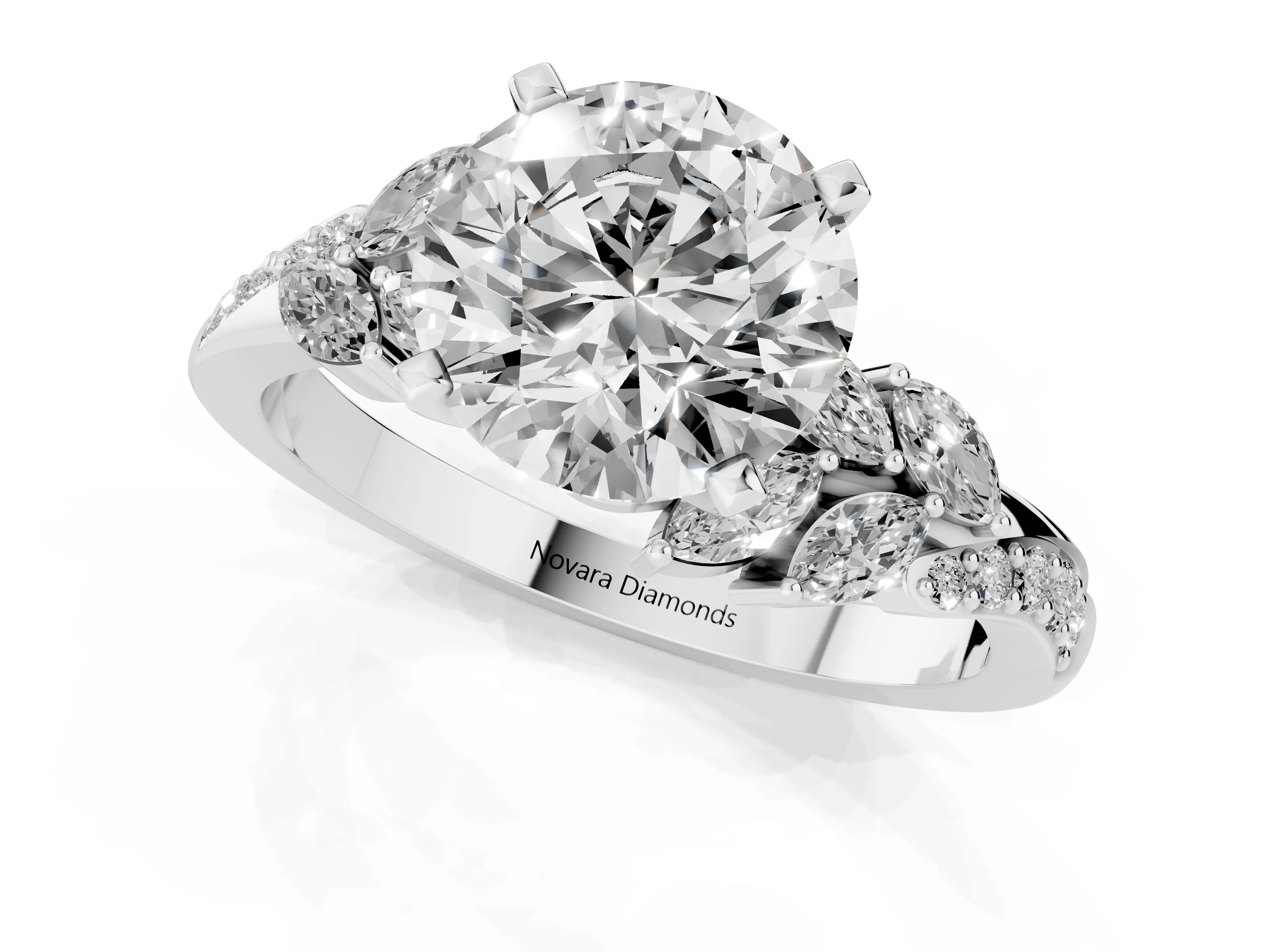 Round Cut Diamond Solitaire Ring Set in White gold with Marquise Twist Band and Prong Setting – second view
