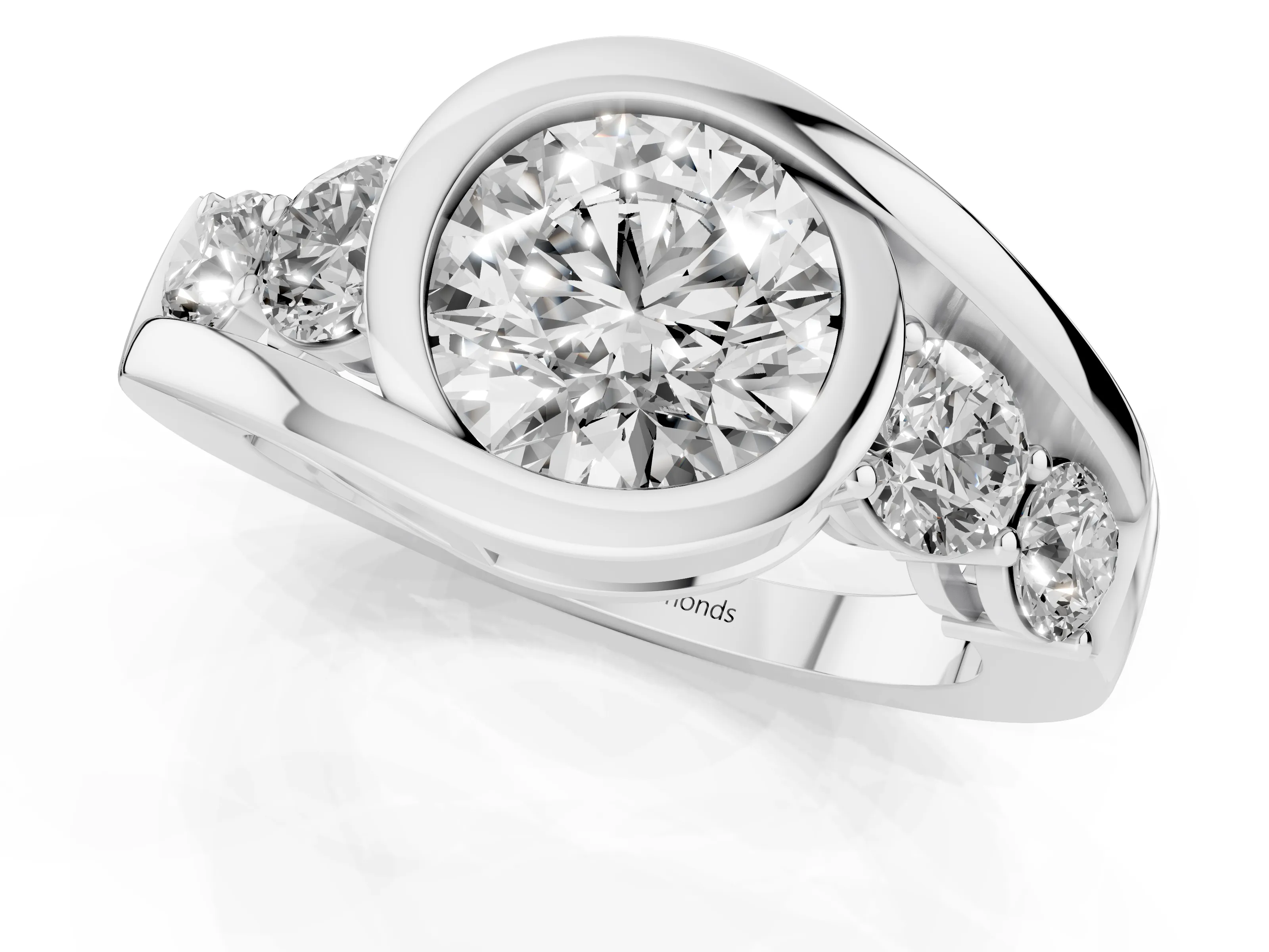 Round Cut Diamond Bezel Bypass Ring Set in Silver with Round Accents