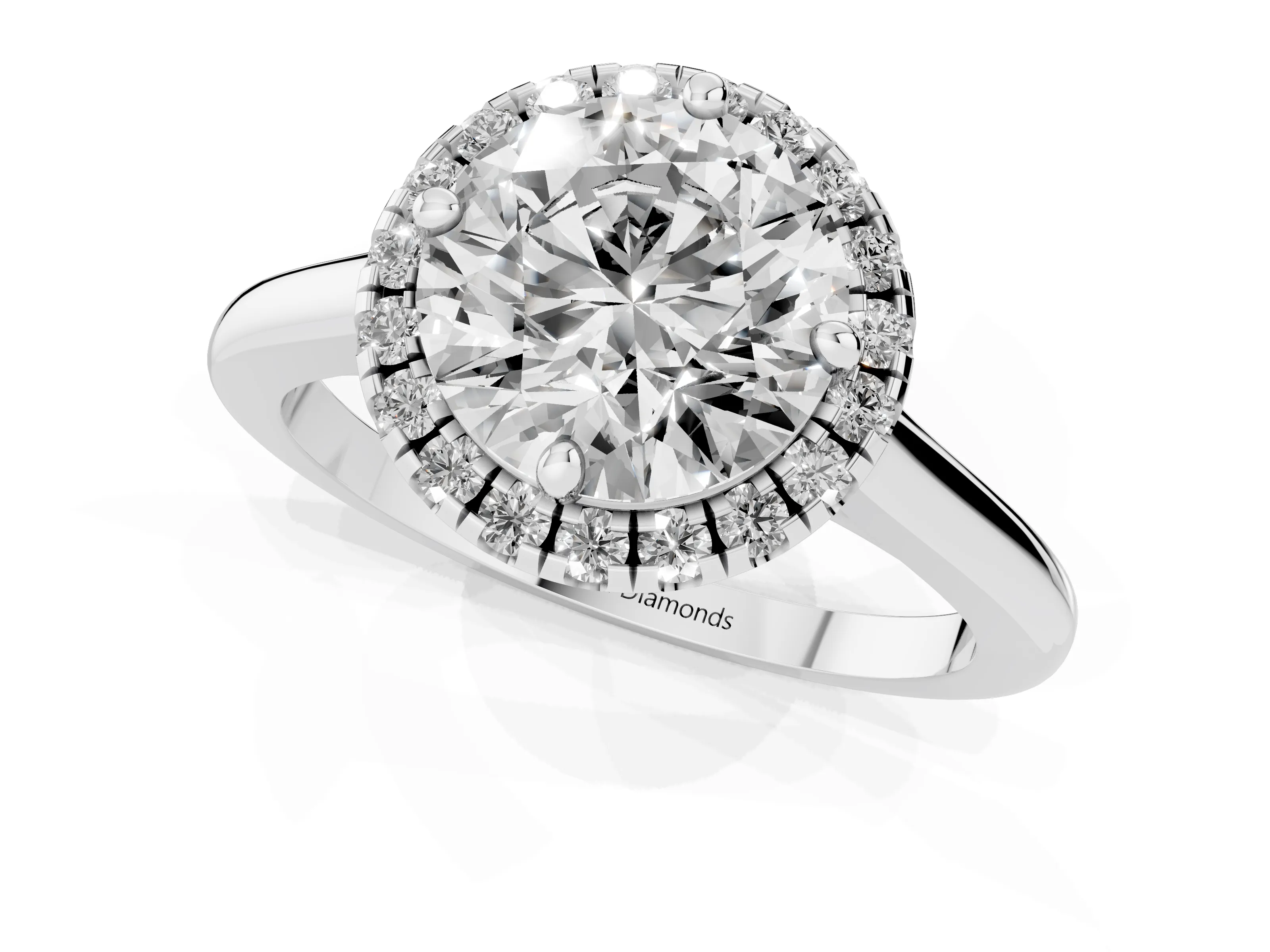 Round Cut Diamond Halo Engagement Ring Set in Platinum with Pavé Band and Rising Shoulders