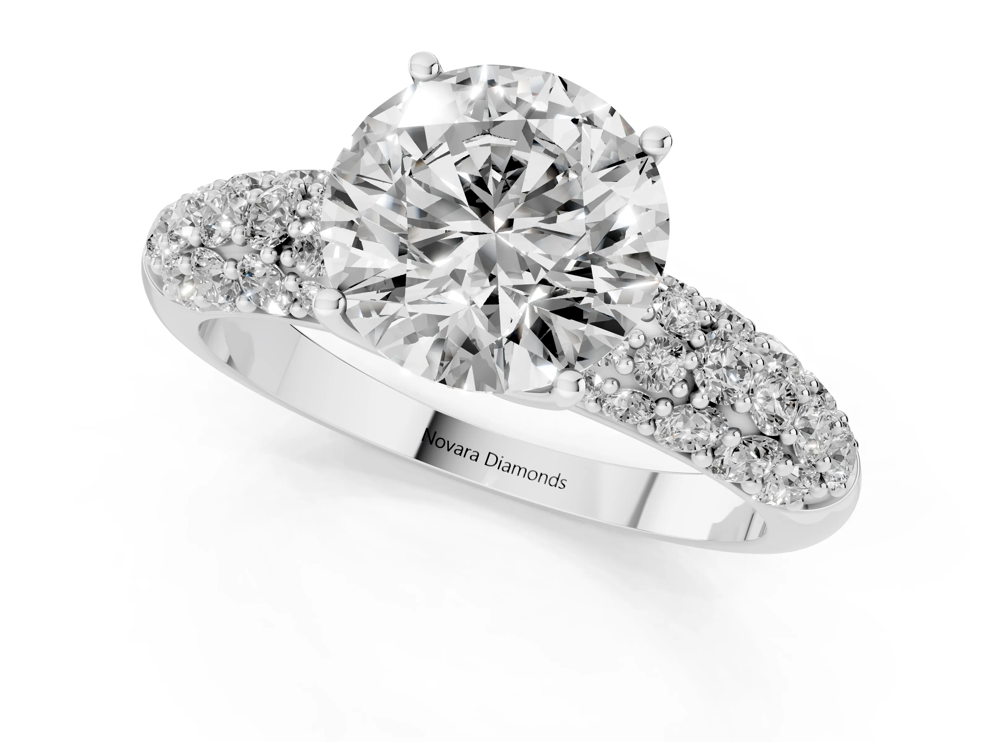 Round Cut Diamond Pavé Band Solitaire Ring Set in White gold with Close-Set Accent Stones and Prong Setting