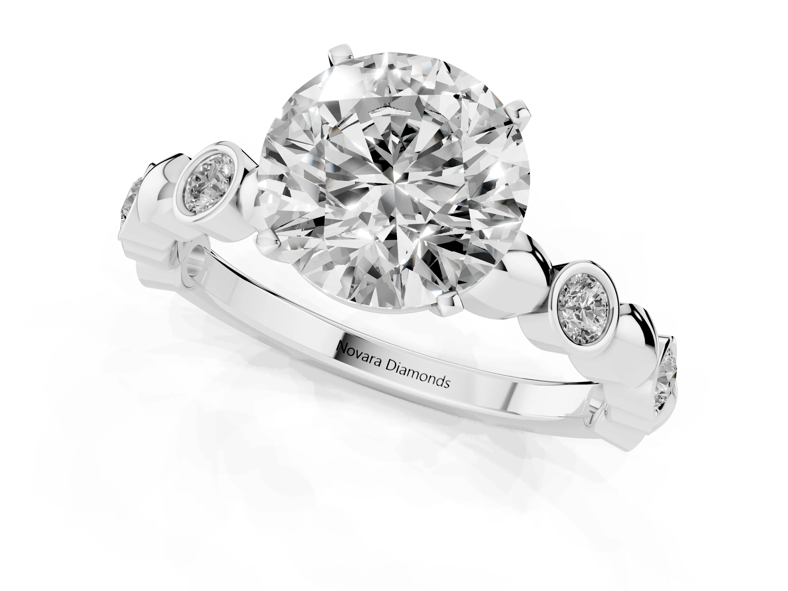 Round Cut Diamond Solitaire Ring Set in Platinum with Bezel-Set Accents on Beaded Band and Prong Setting