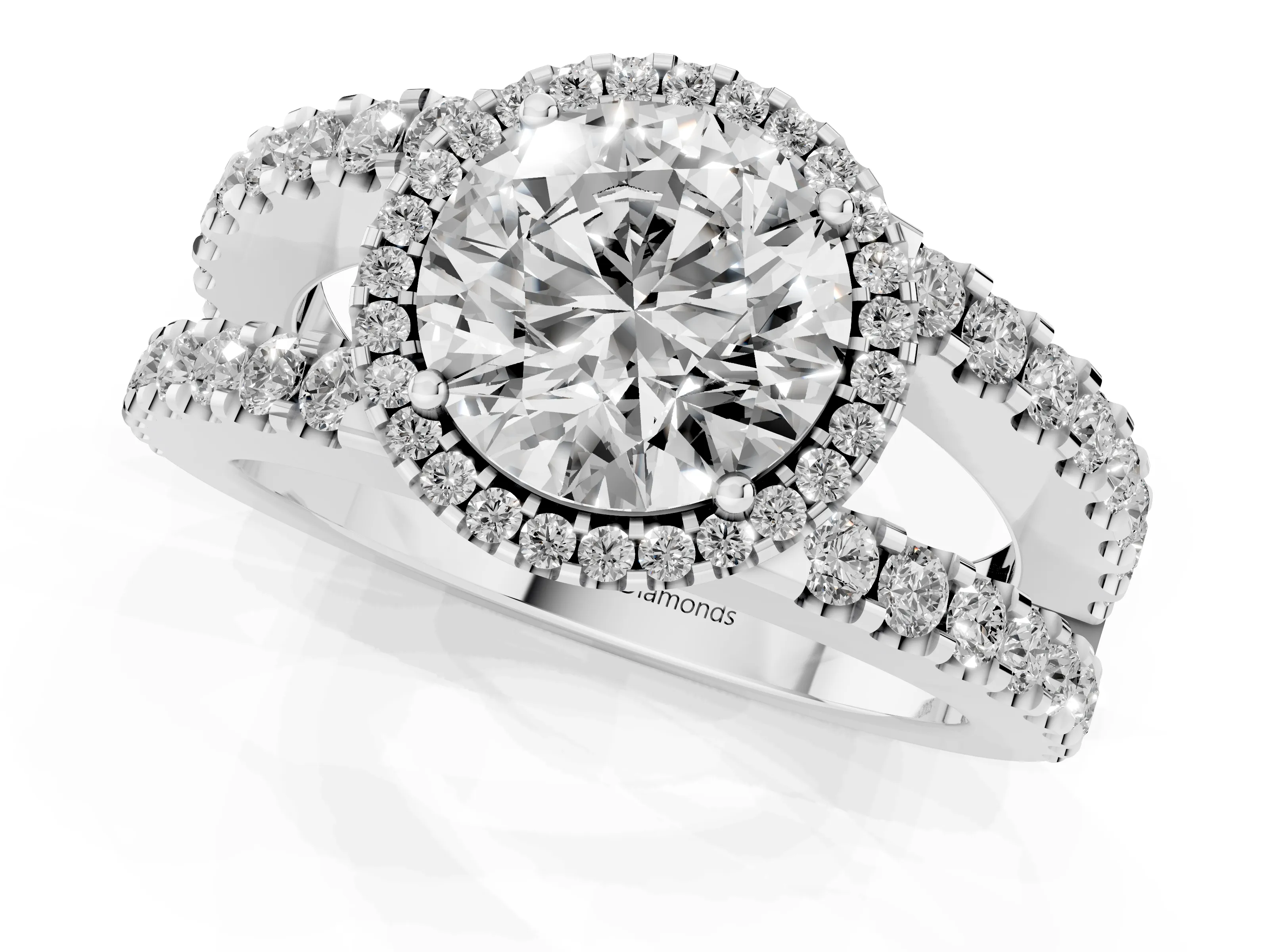 Round Cut Diamond Halo Ring Set in White gold with Pavé Split Shank and Prong Setting