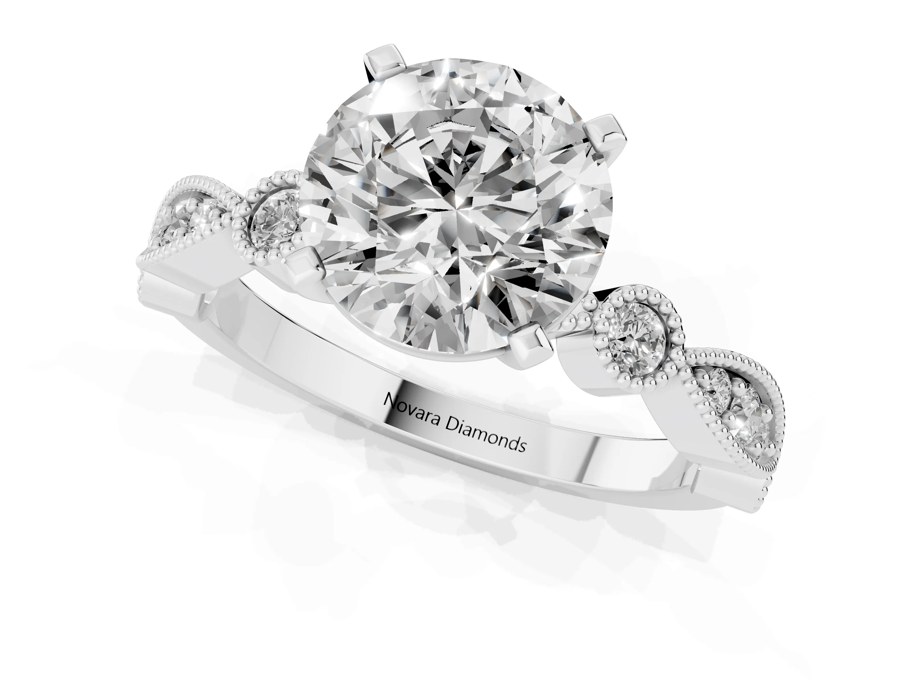 Round Cut Diamond Solitaire Engagement Ring Set in Silver with Milgrain Bezel Accent Band