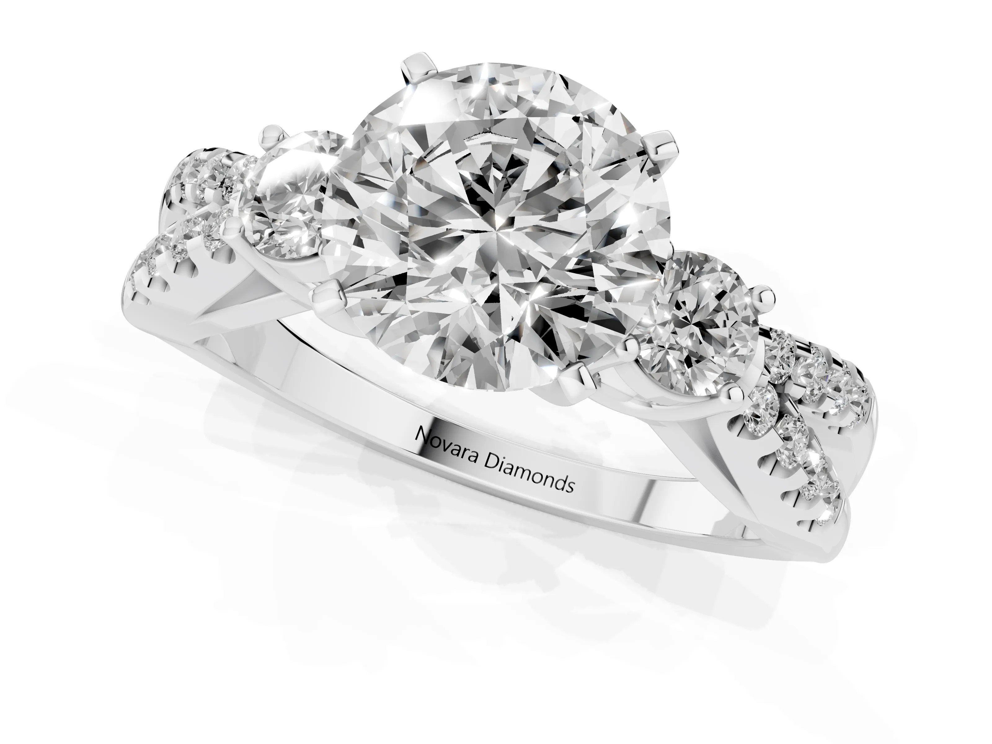 Round Cut Diamond Three-Stone Ring Set in Silver with Pavé Split Shank and Prong Setting