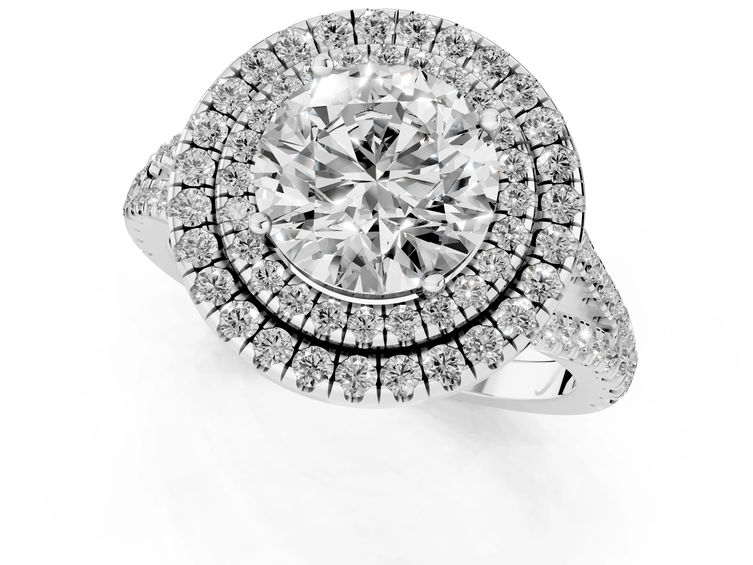 Round Cut Diamond Double Halo Ring Set in Silver with Pavé Band