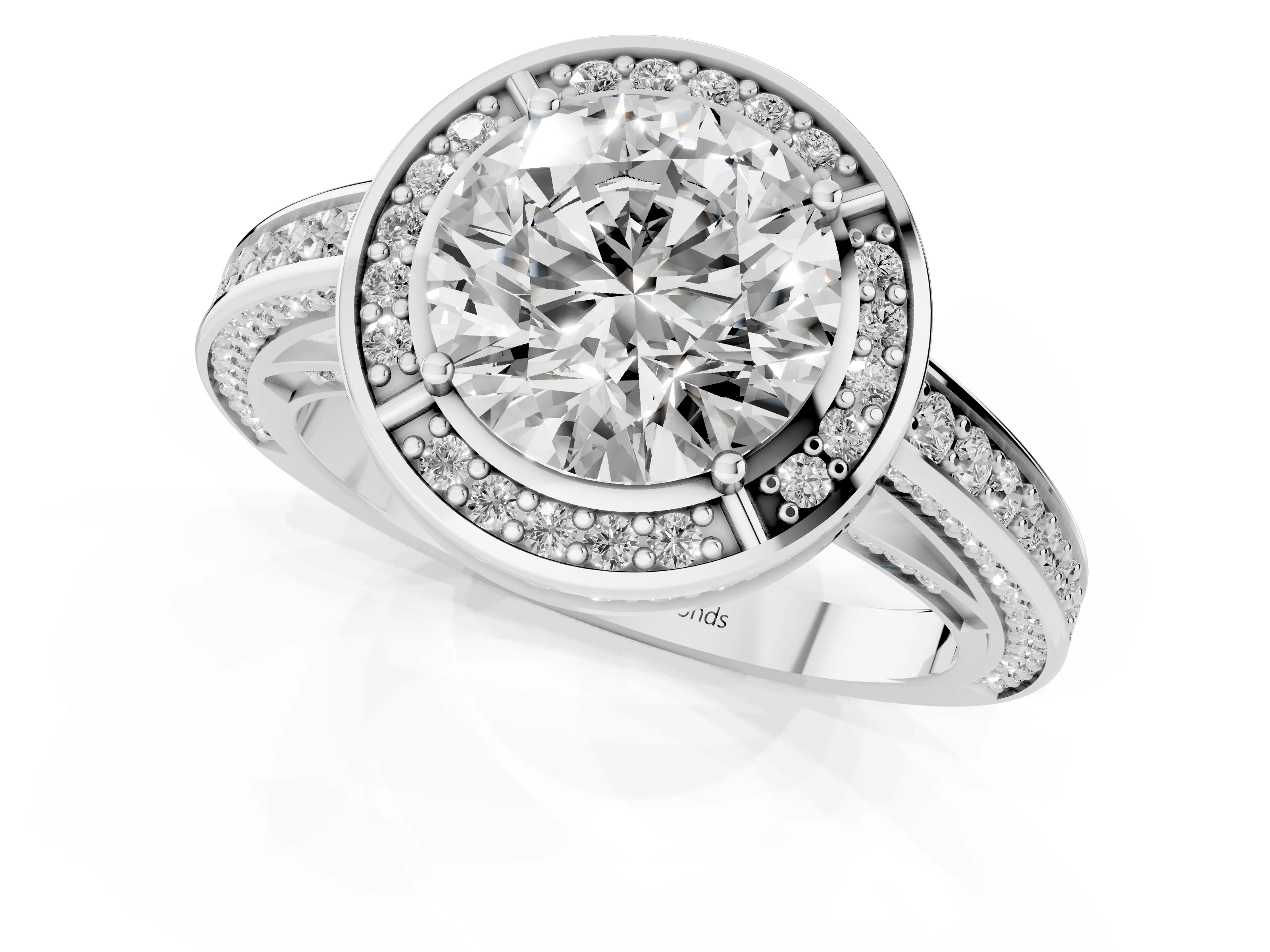 Round Cut Diamond Halo Pavé Split Shank Ring Set in White gold with Prong Setting
