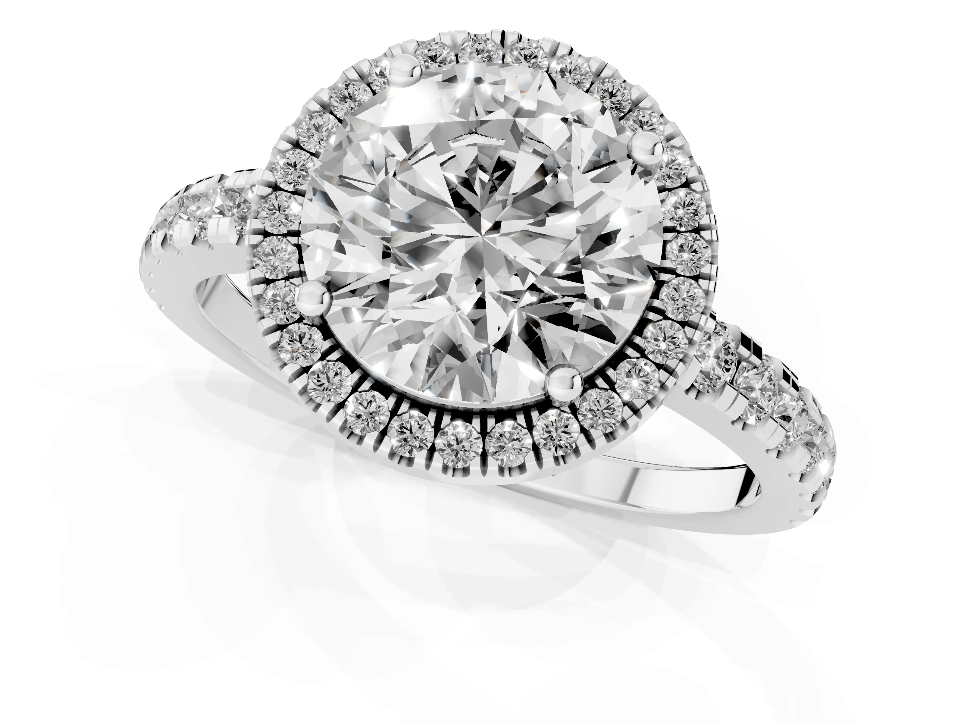 Round Cut Diamond Halo Ring Set in Silver with Delicate Pavé Band and Prong Setting