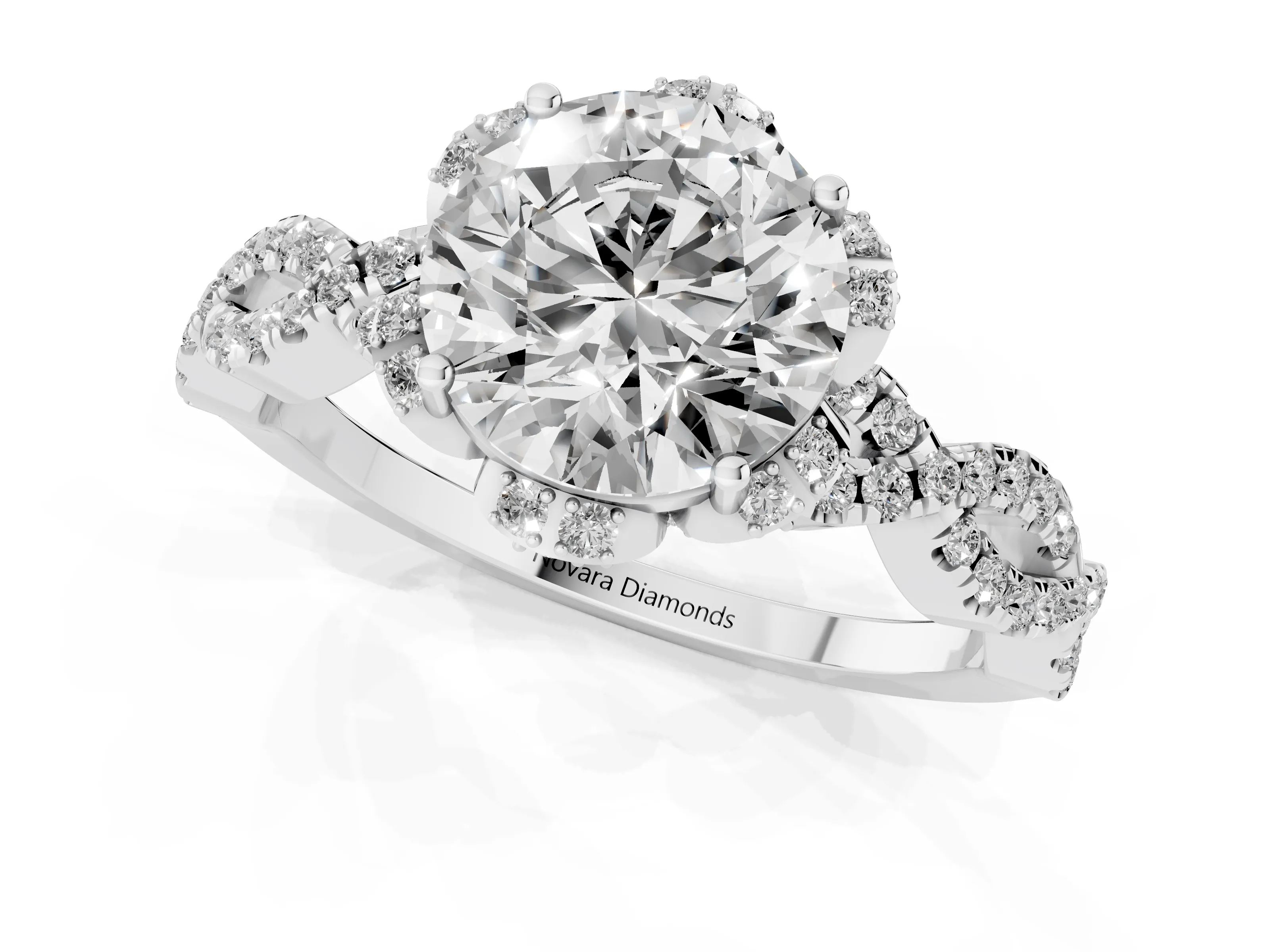 Round Cut Diamond Halo Twist Band Solitaire Ring Set in White gold with Prong-Set Center Stone