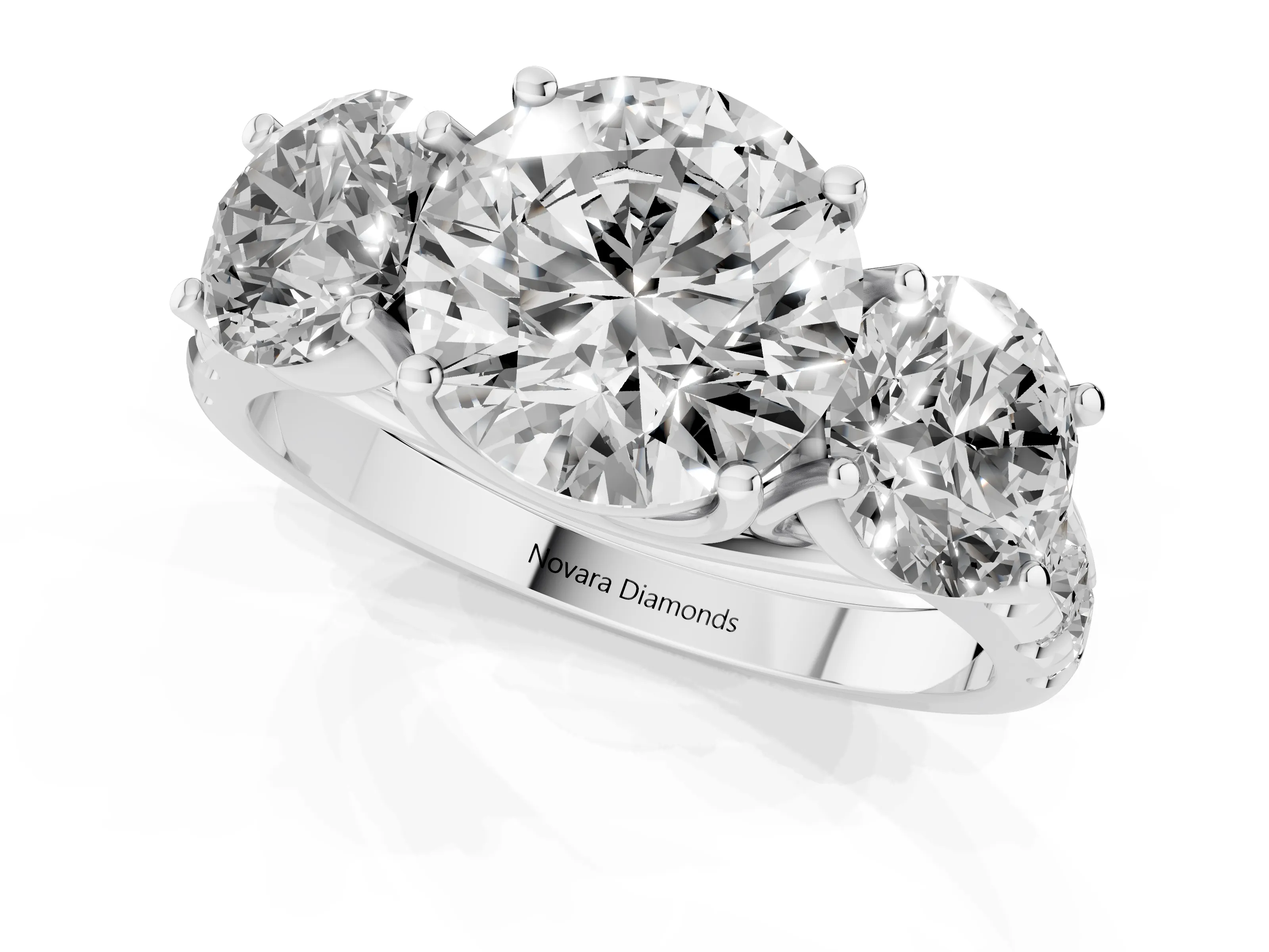 Round Cut Diamond Three-Stone Ring Set in White gold with Pavé Band
