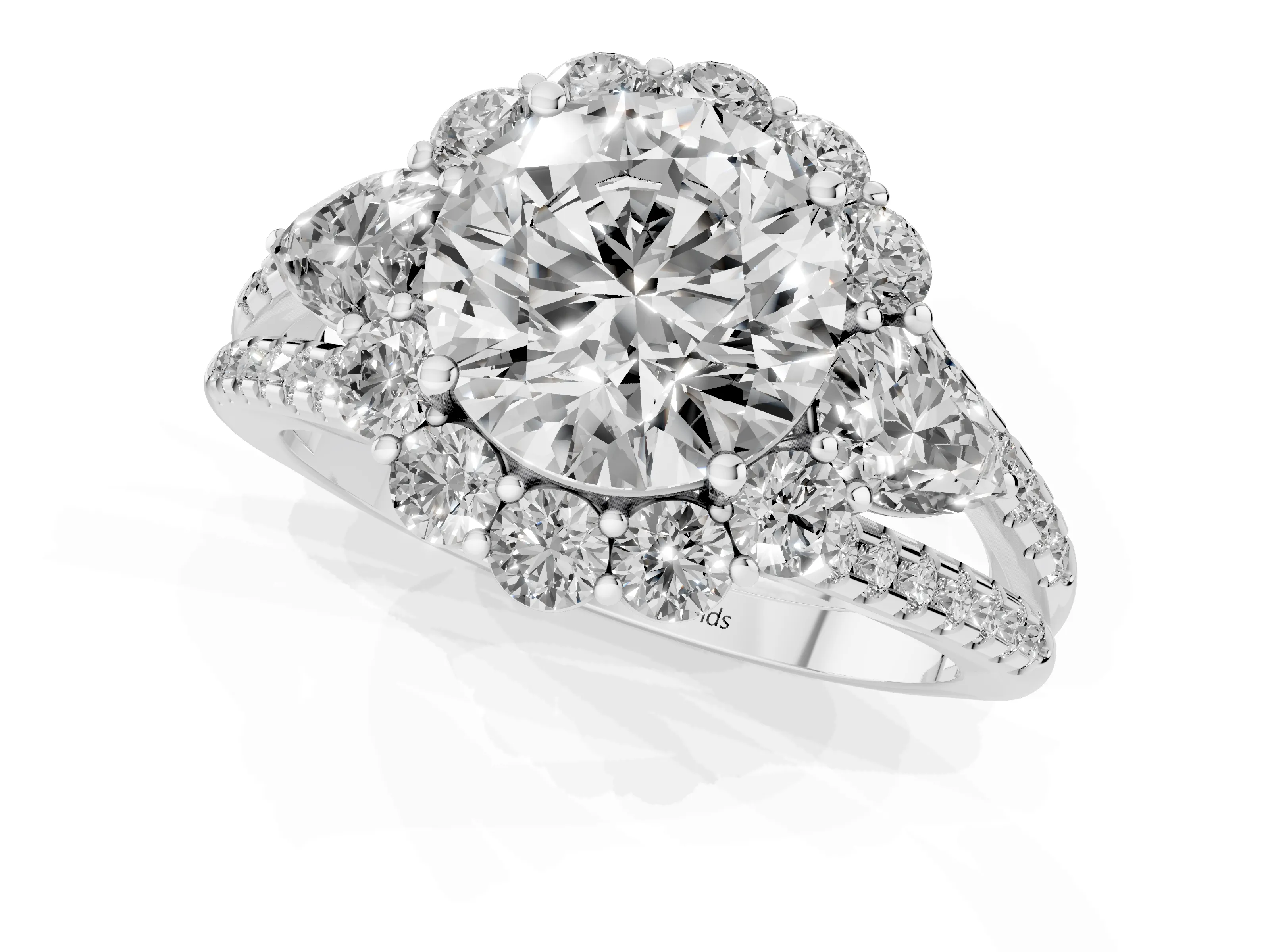 Round Cut Diamond Halo Split Shank Engagement Ring Set in Platinum with Prong-Held Center Stone – second view