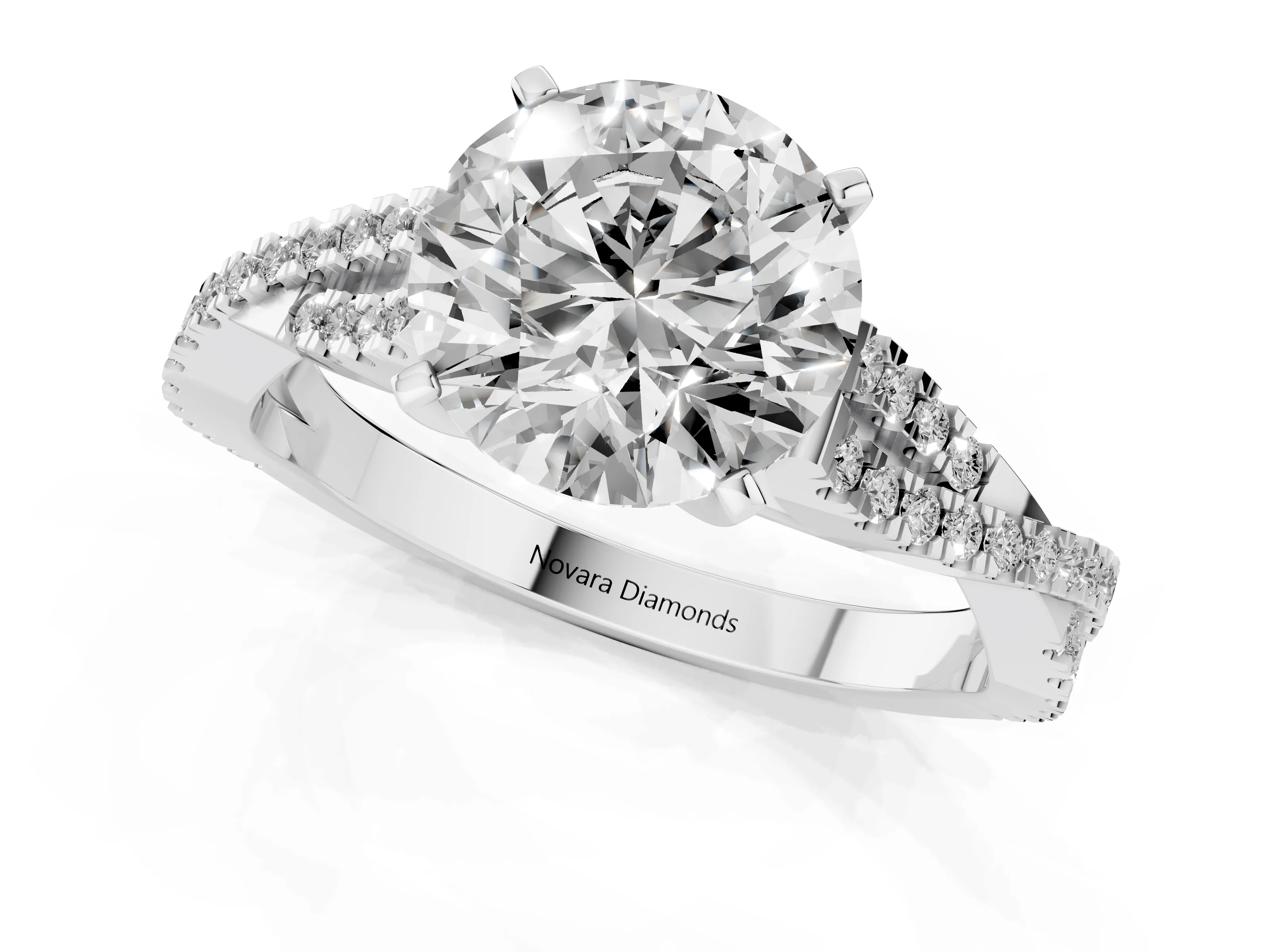 Round Cut Diamond Solitaire Engagement Ring Set in Platinum with Twisted Pavé Band and Prong Setting