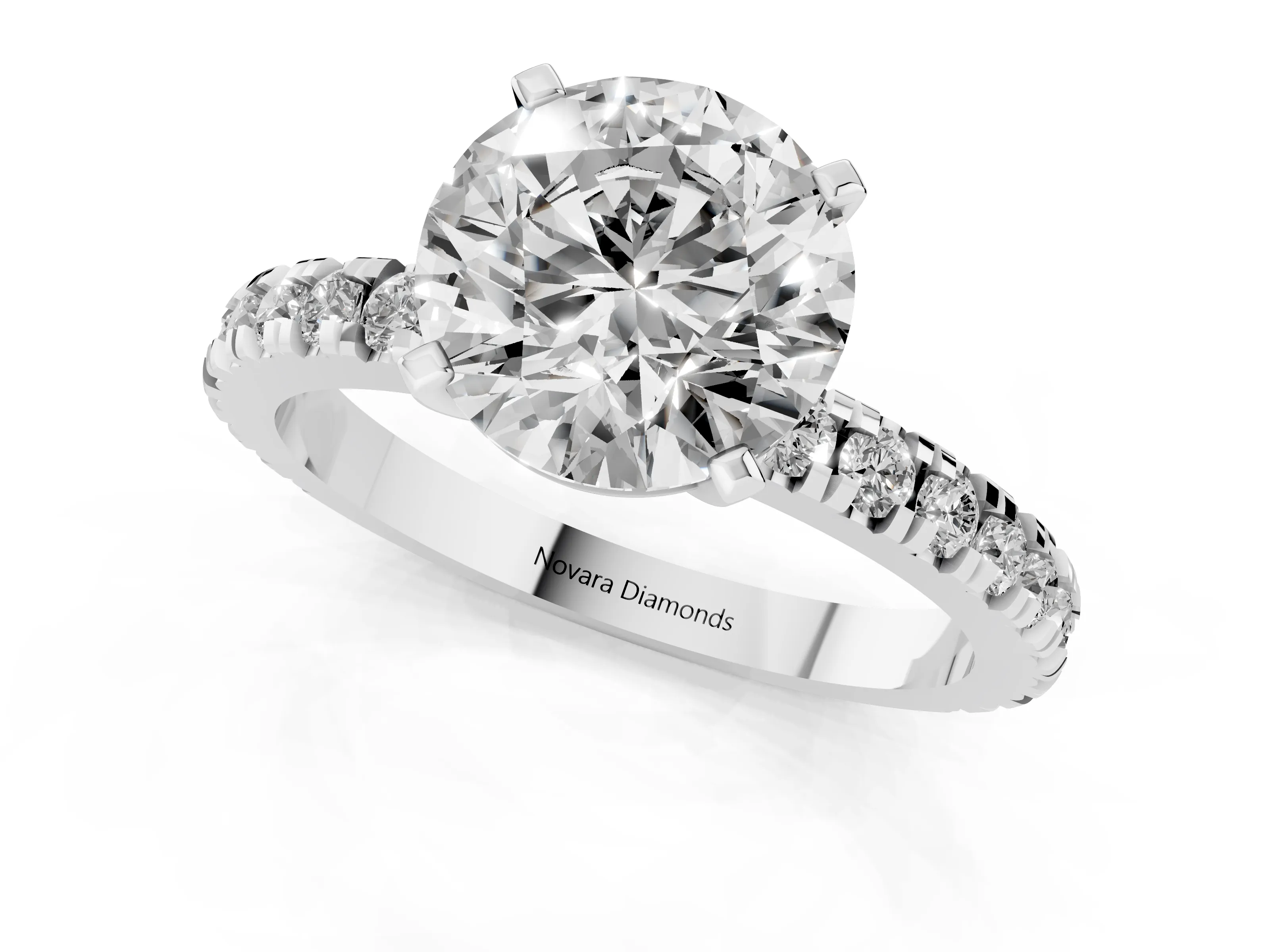 Round Cut Diamond Pavé Band Solitaire Set in White gold with Prong Setting