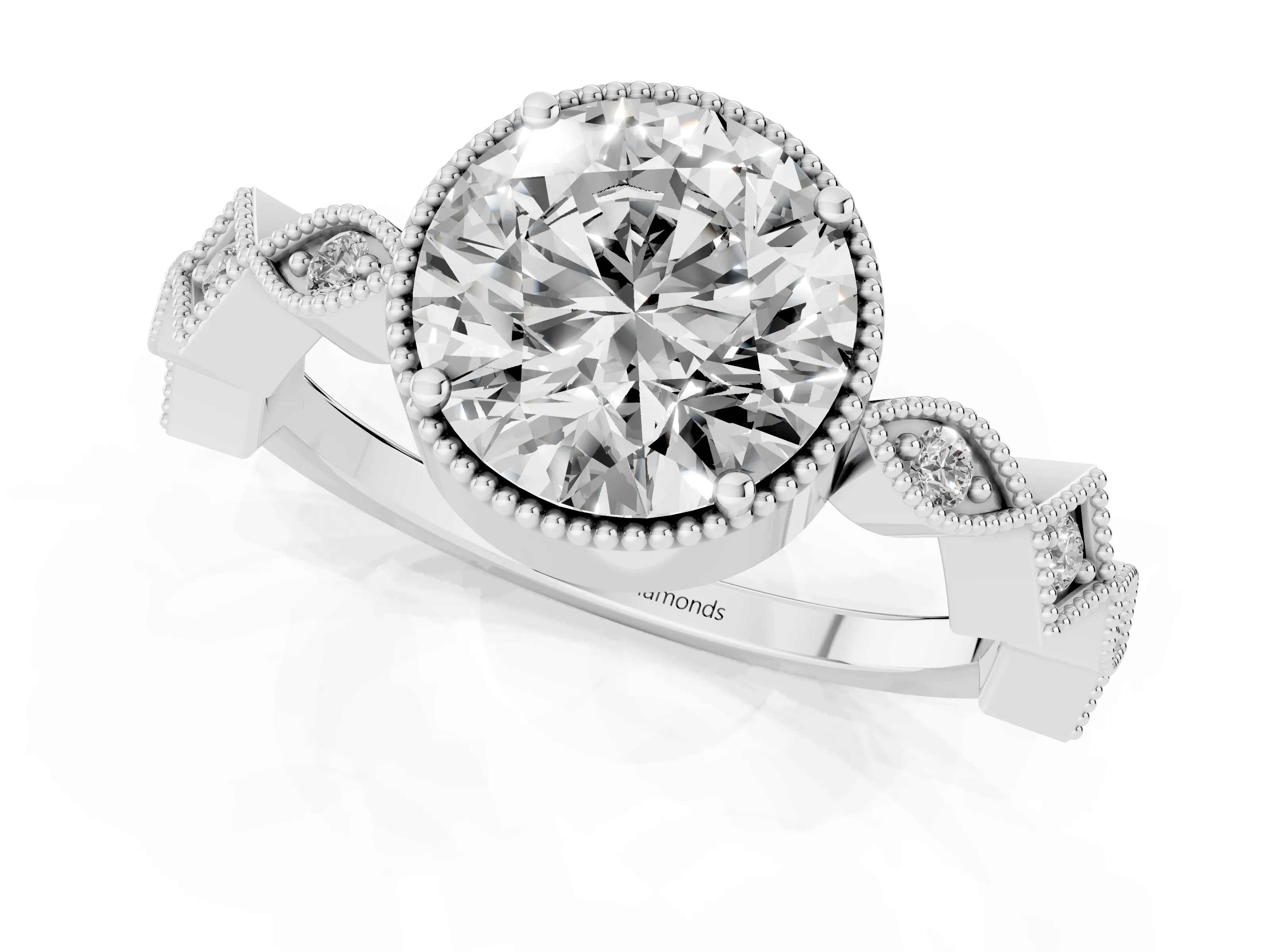 Round Cut Diamond Milgrain Marquise Twist Band Ring Set in Platinum with Prong Setting
