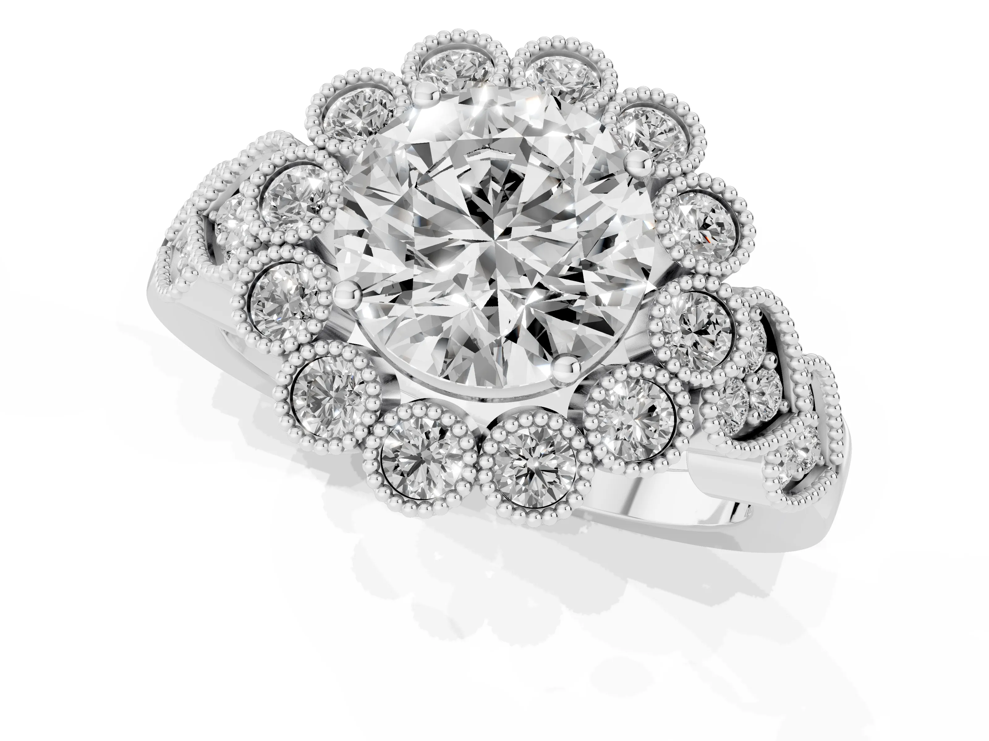 Round Cut Diamond Solitaire Ring Set in Silver with Milgrain Pavé Heart Band