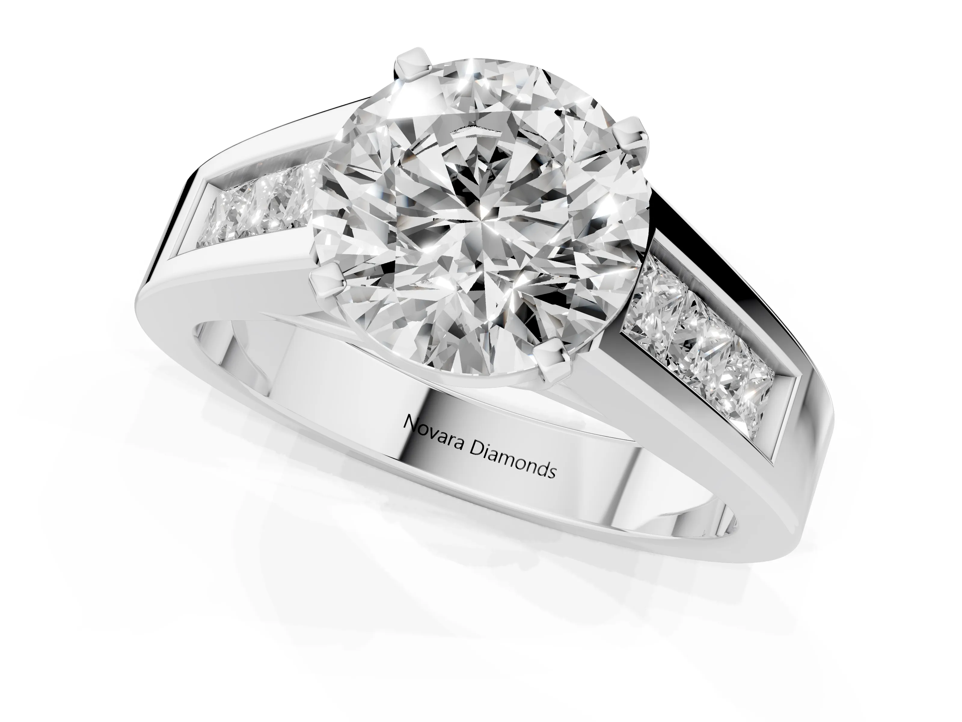 Round Cut Diamond Solitaire Ring Set in Silver with Channel-Set Accent Stones and Prong Setting
