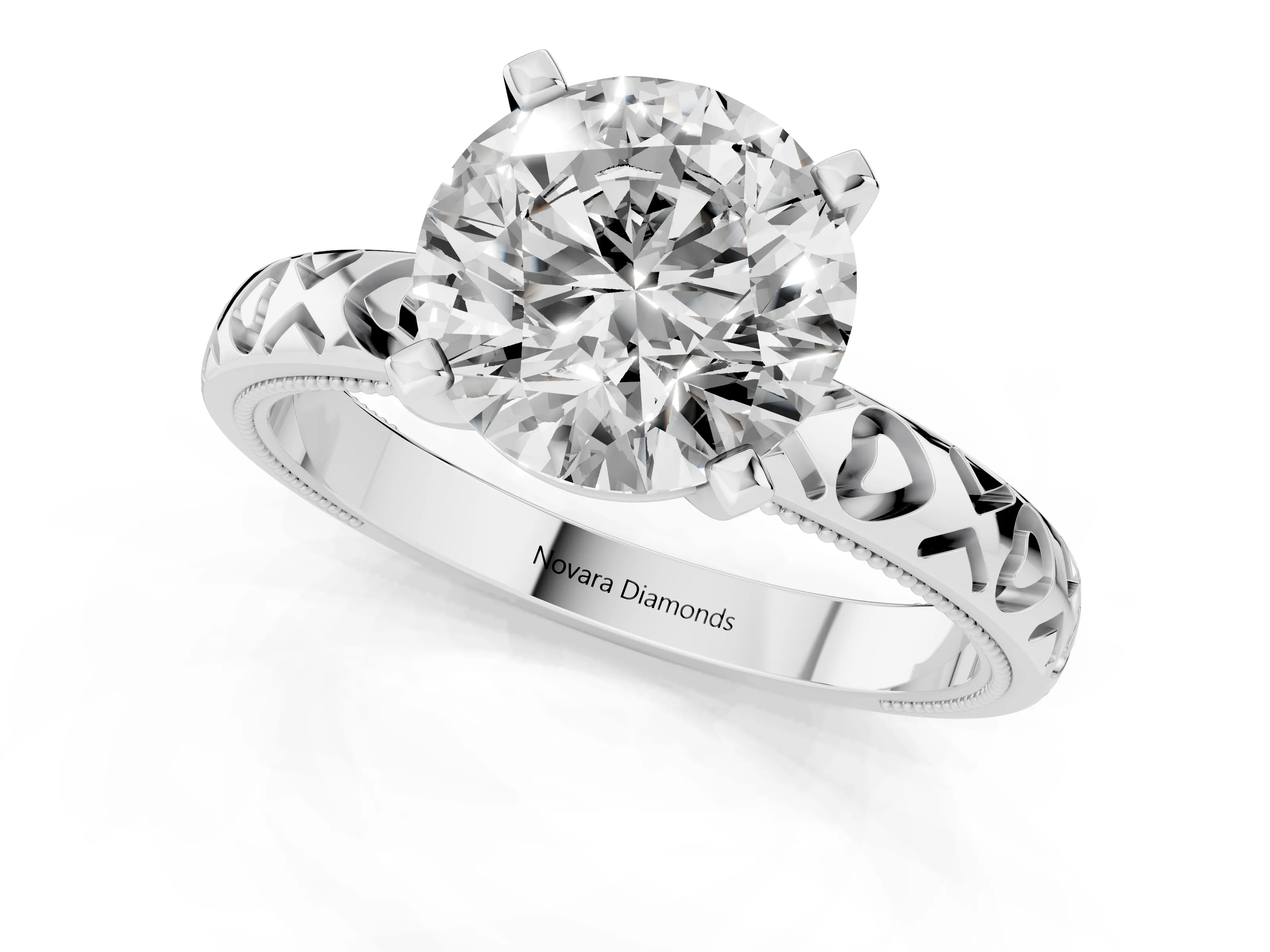 Round Cut Diamond Solitaire Engagement Ring Set in White gold with XO Engraved Band and Prong Setting – second view