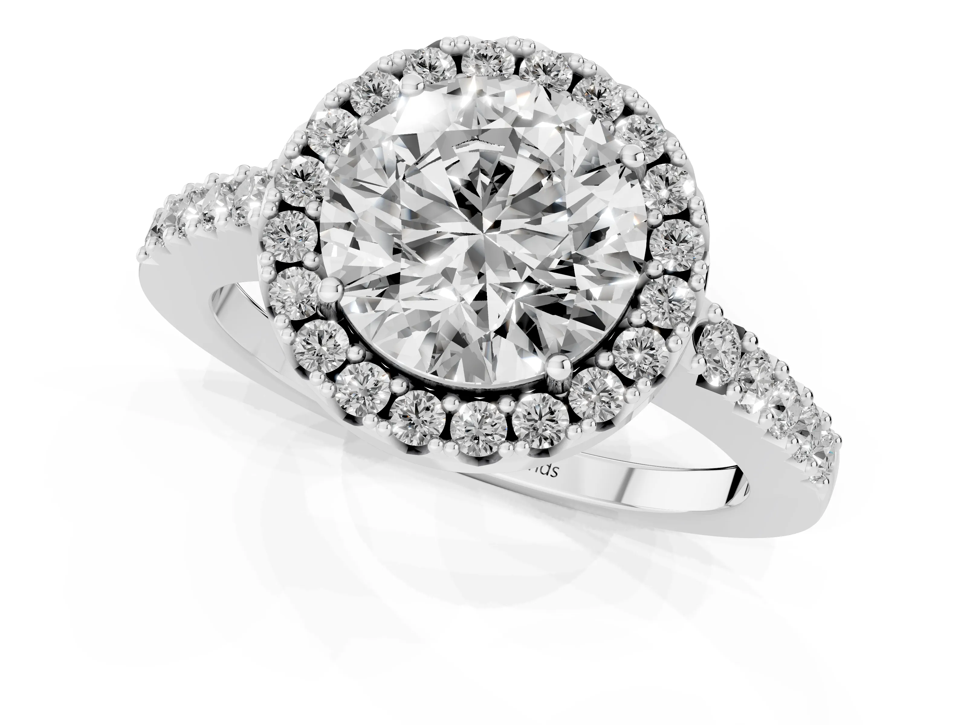 Round Cut Diamond Halo Pavé Solitaire Ring Set in White gold with Prong-Set Center Stone
