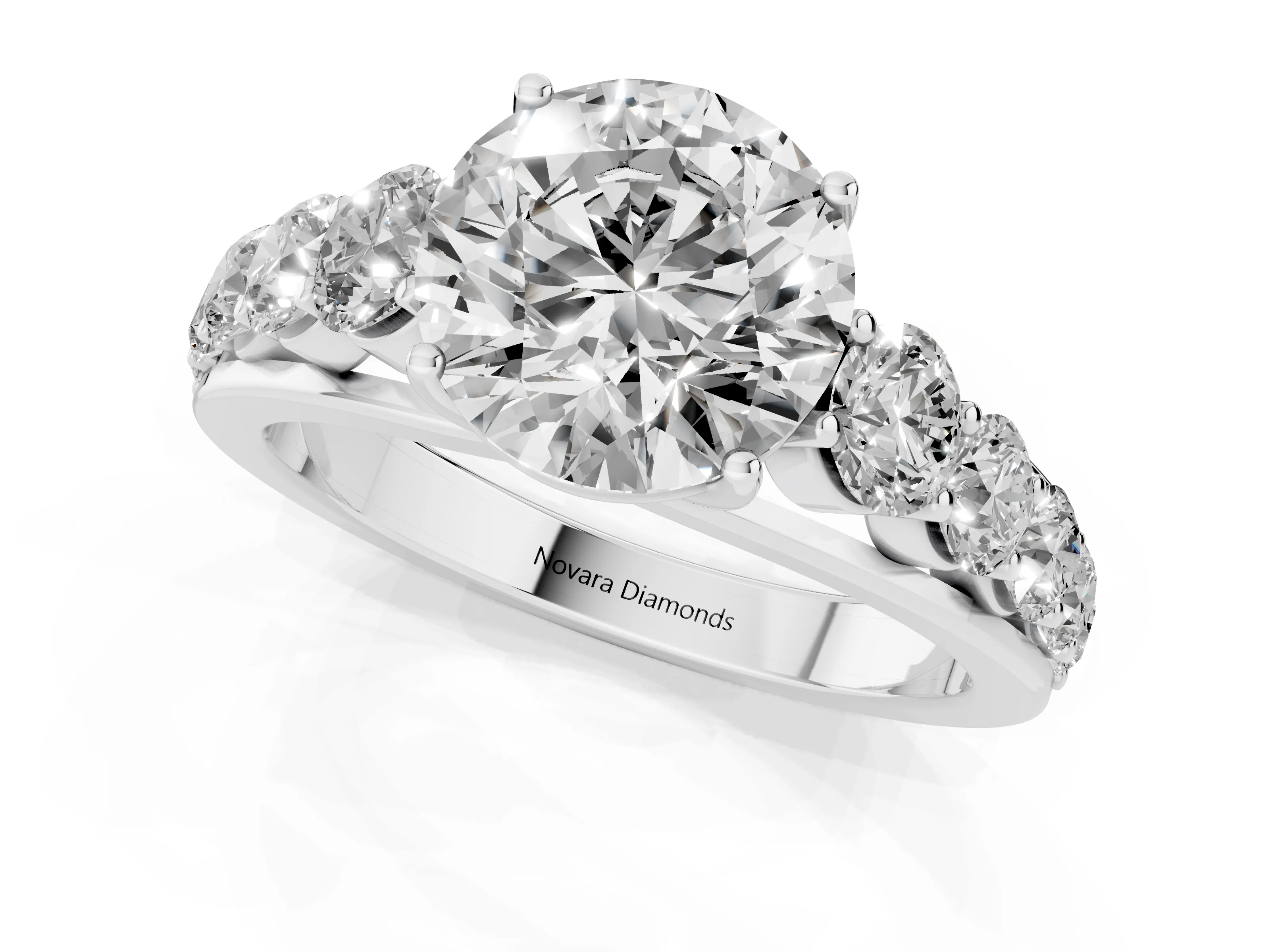 Round Cut Diamond Solitaire Ring Set in Platinum with Pavé-Set Band and Prong Setting