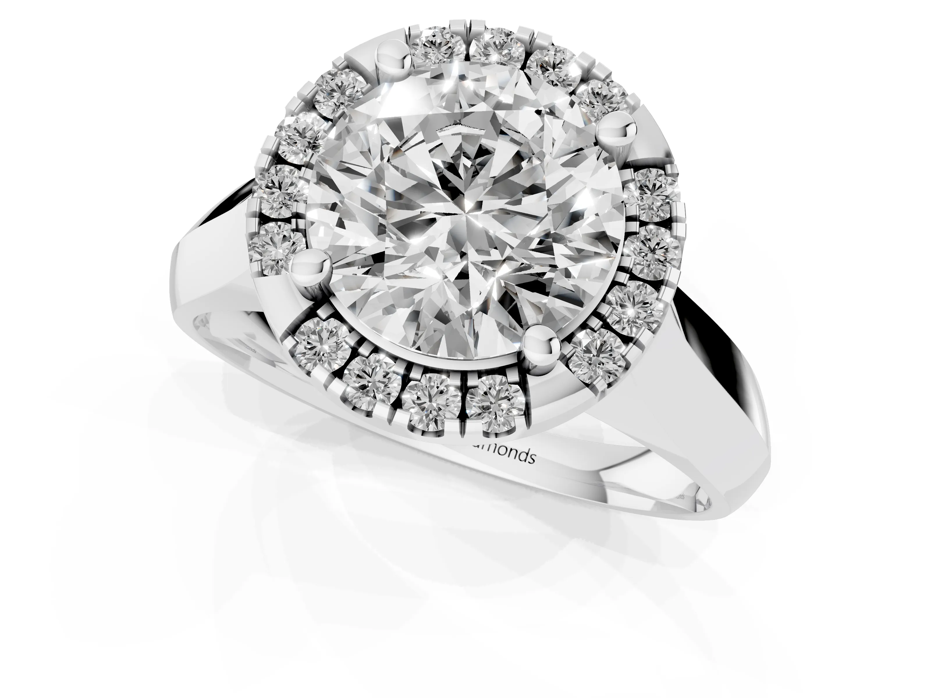 Round Cut Diamond Halo Solitaire Engagement Ring Set in Platinum with Square Band and Prong Setting – second view