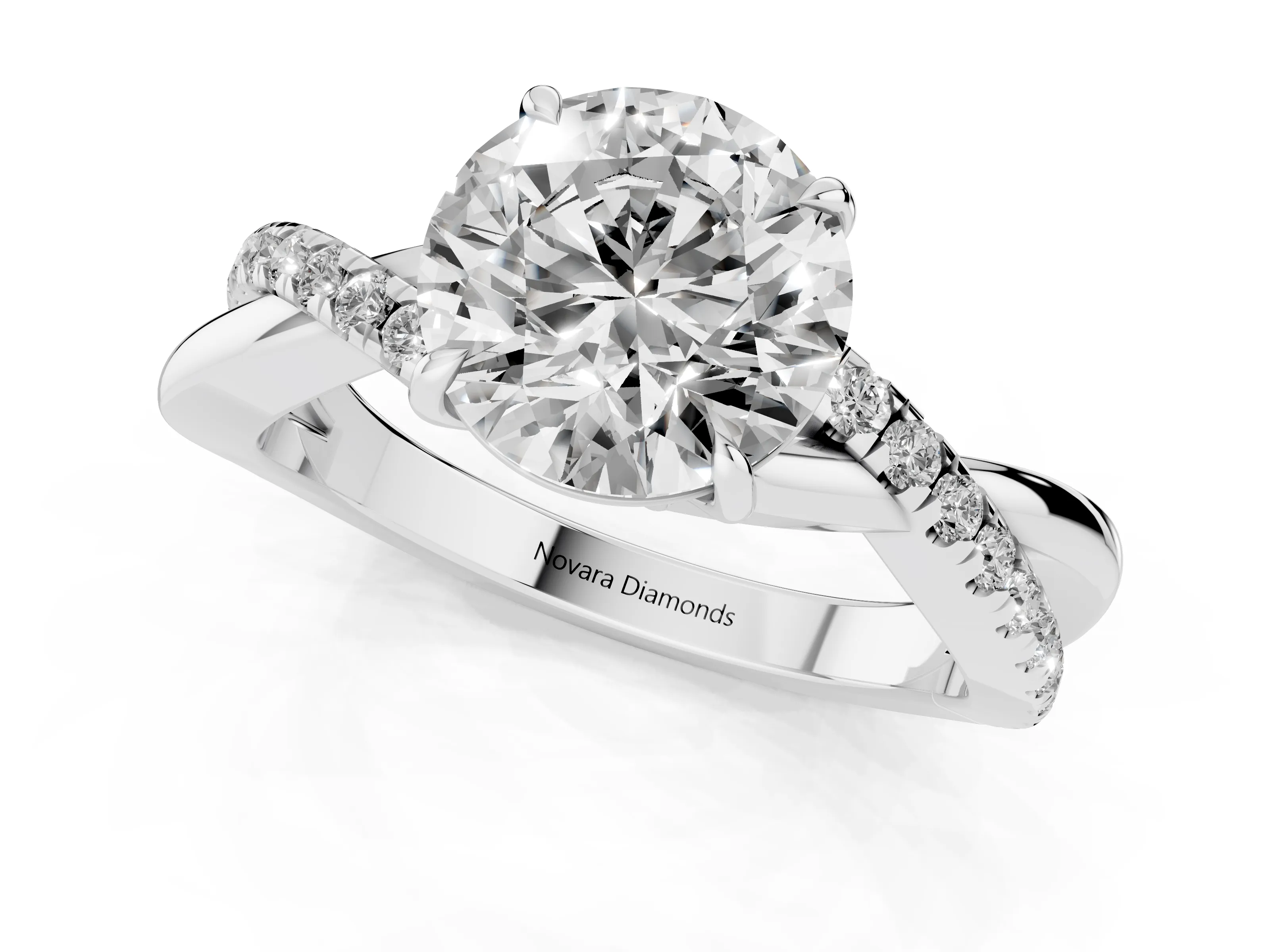 Round Cut Diamond Twisted Pavé Band Ring Set in White gold with Prong Setting