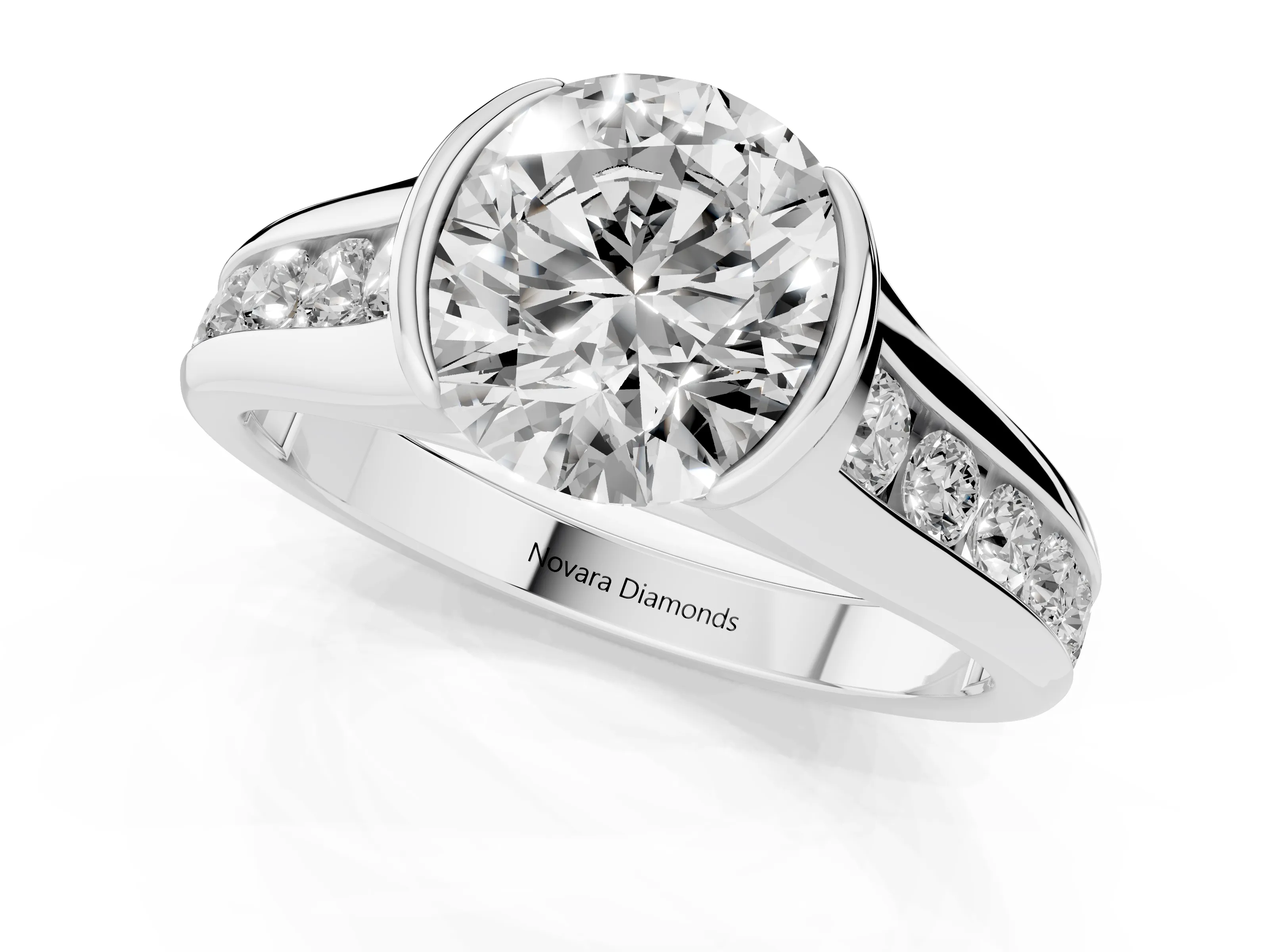 Round Cut Diamond Bezel-Set Solitaire Ring Set in White gold with Channel-Set Band