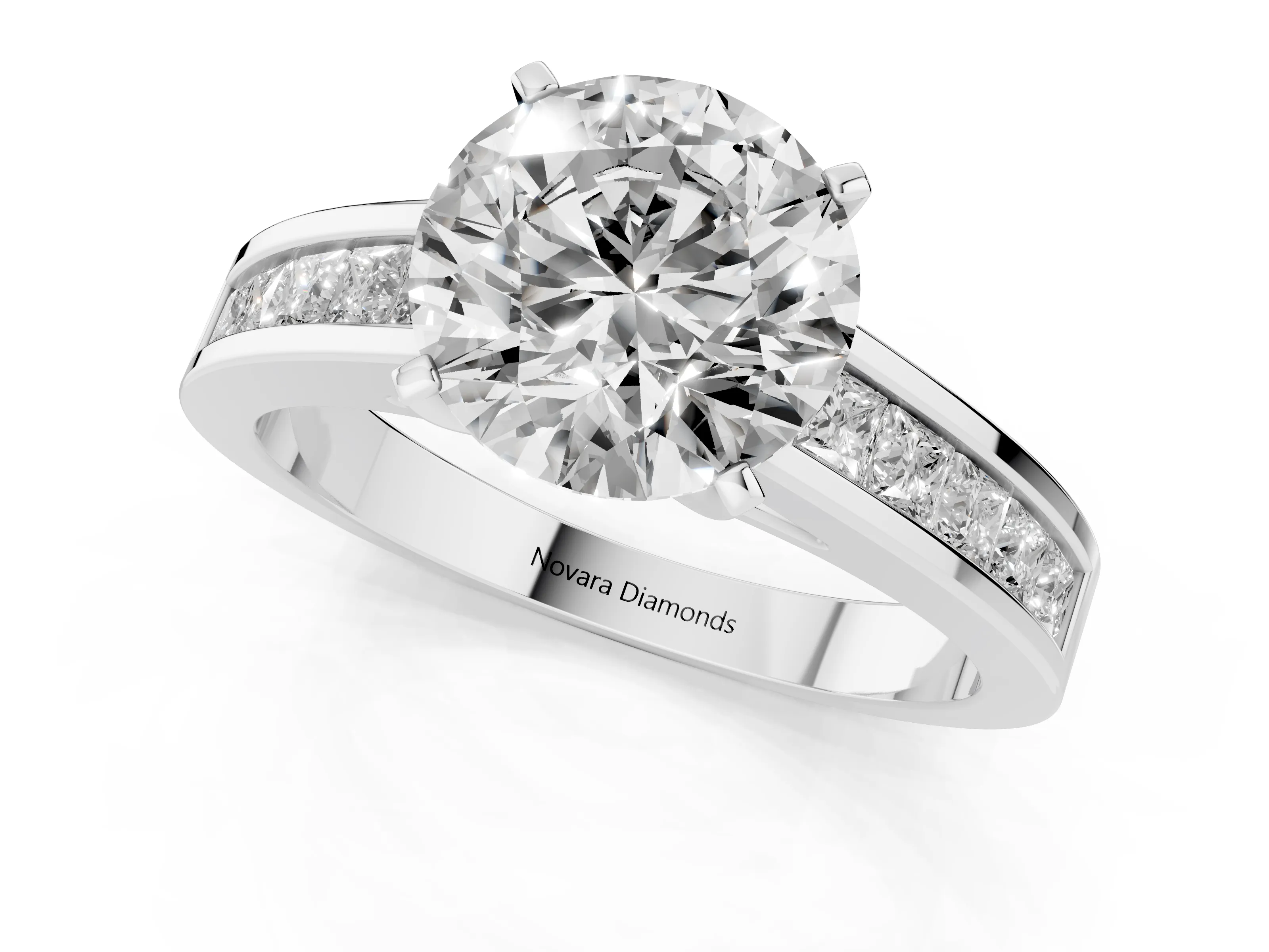 Round Cut Diamond Solitaire Ring Set in White gold with Channel-Set Band and Prong Setting