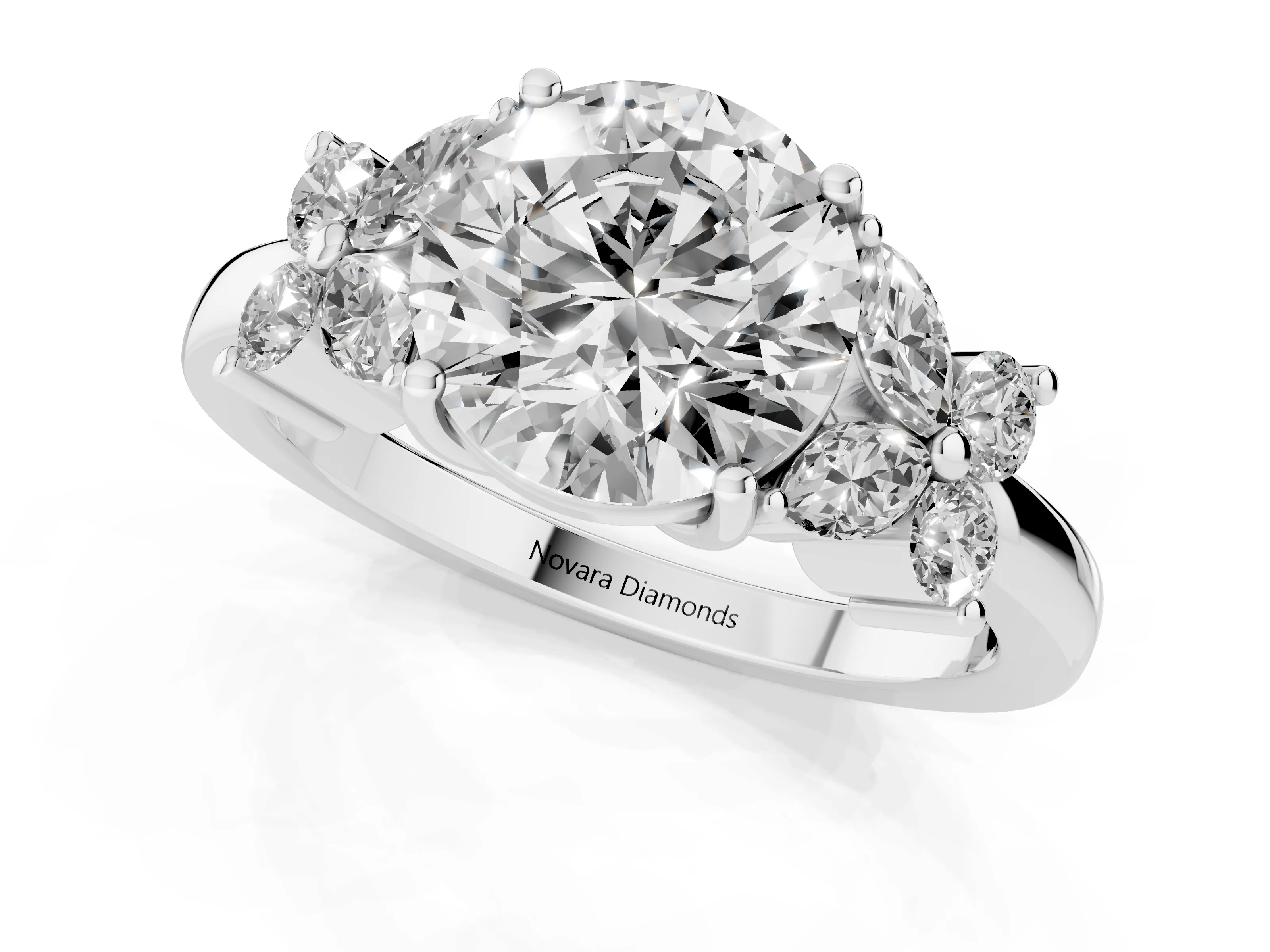 Round Cut Diamond Floral Cluster Ring Set in Silver with Marquise Petals and Prong Setting