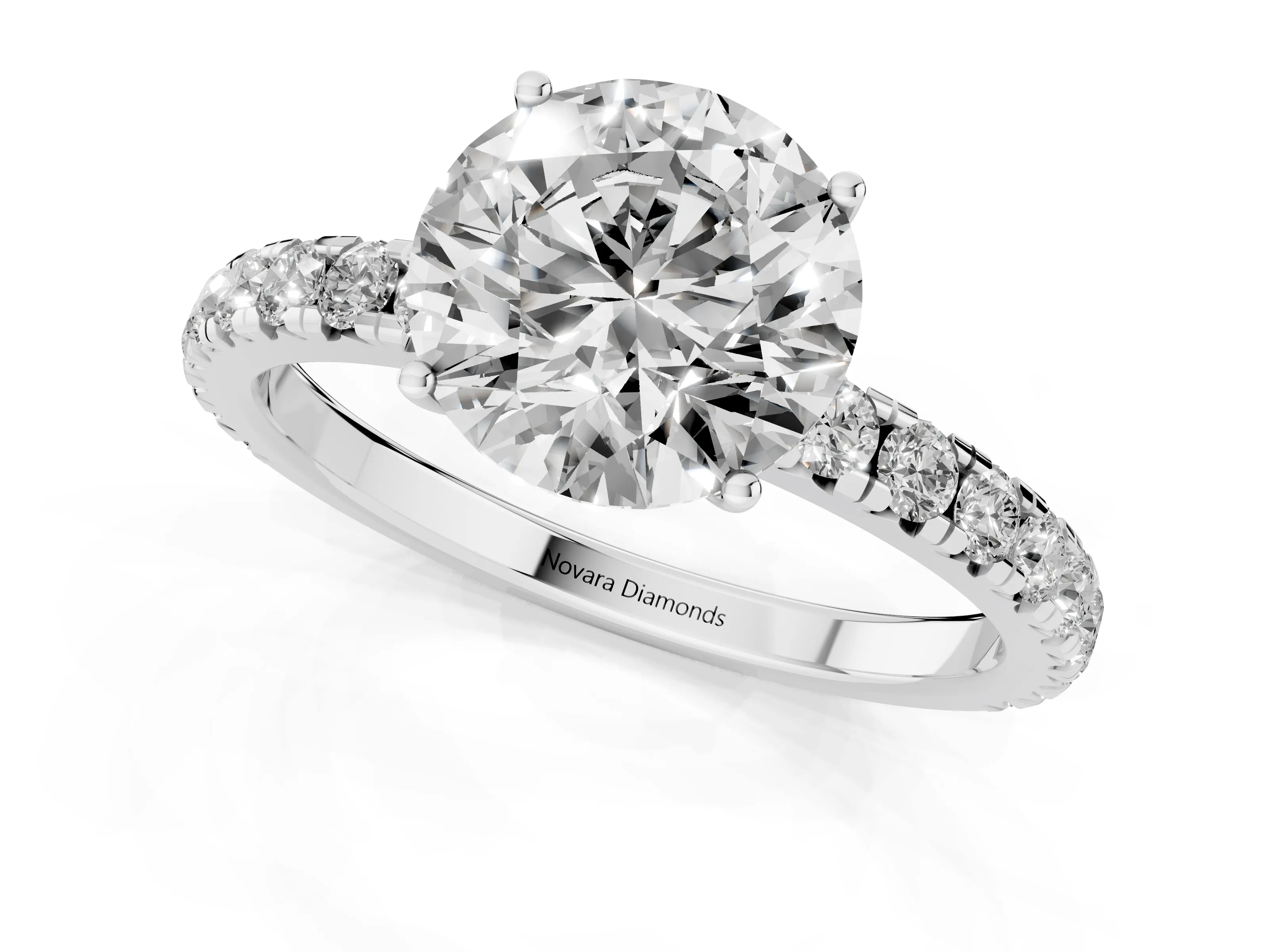 Round Cut Diamond Pavé Solitaire Engagement Ring Set in White gold with Prong Setting