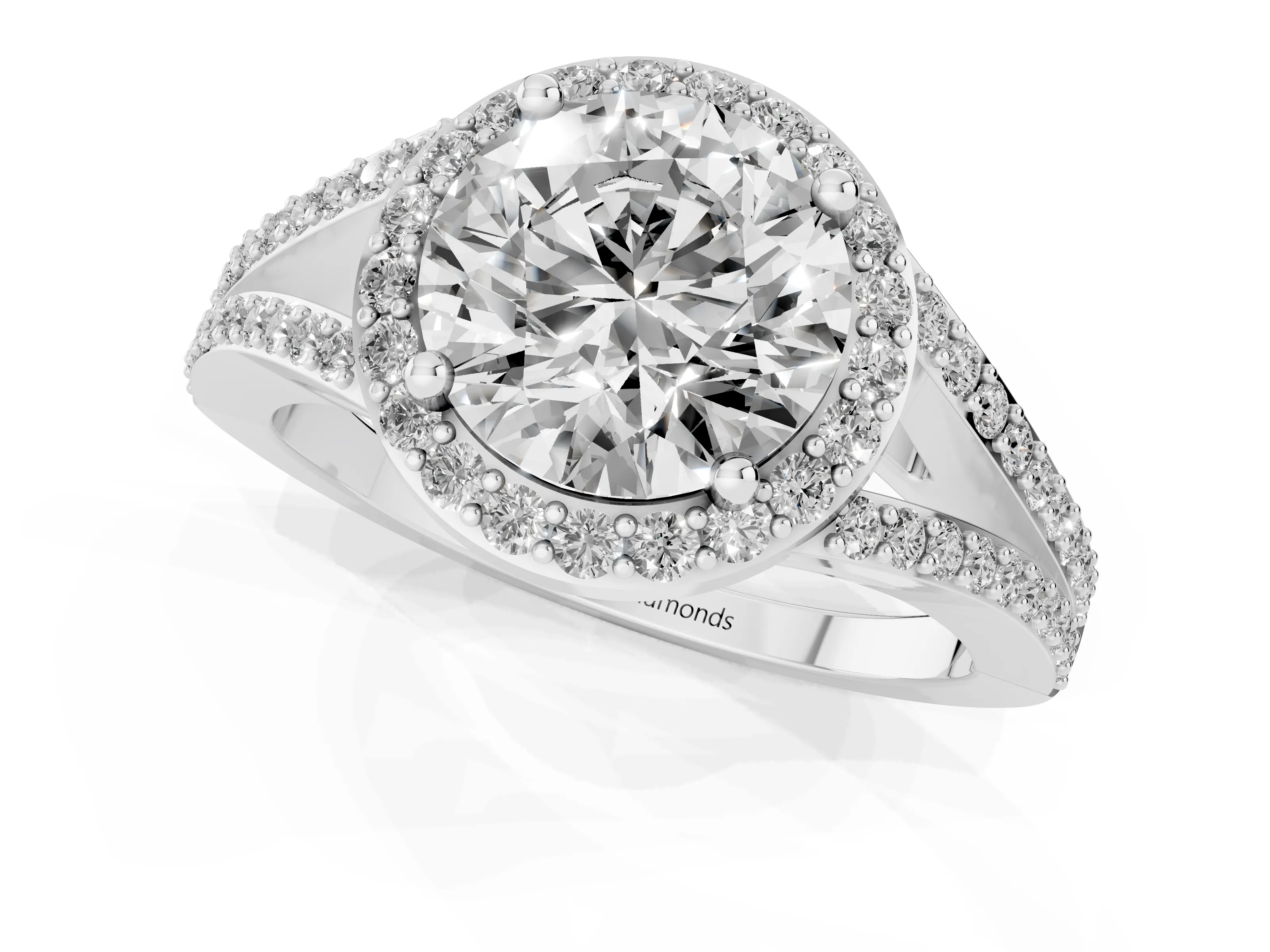 Round Cut Diamond Halo Split Shank Pavé Ring Set in Platinum with Prong Setting