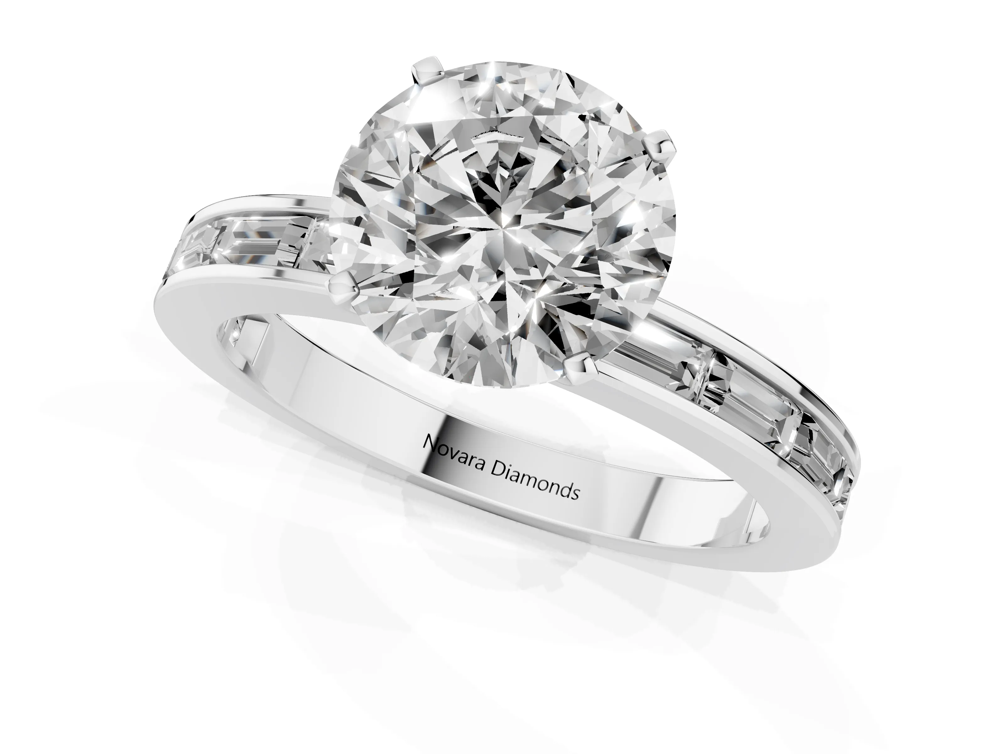 Round Cut Diamond Solitaire Ring Set in Platinum with Channel-Set Baguette Band and Prong Setting – second view