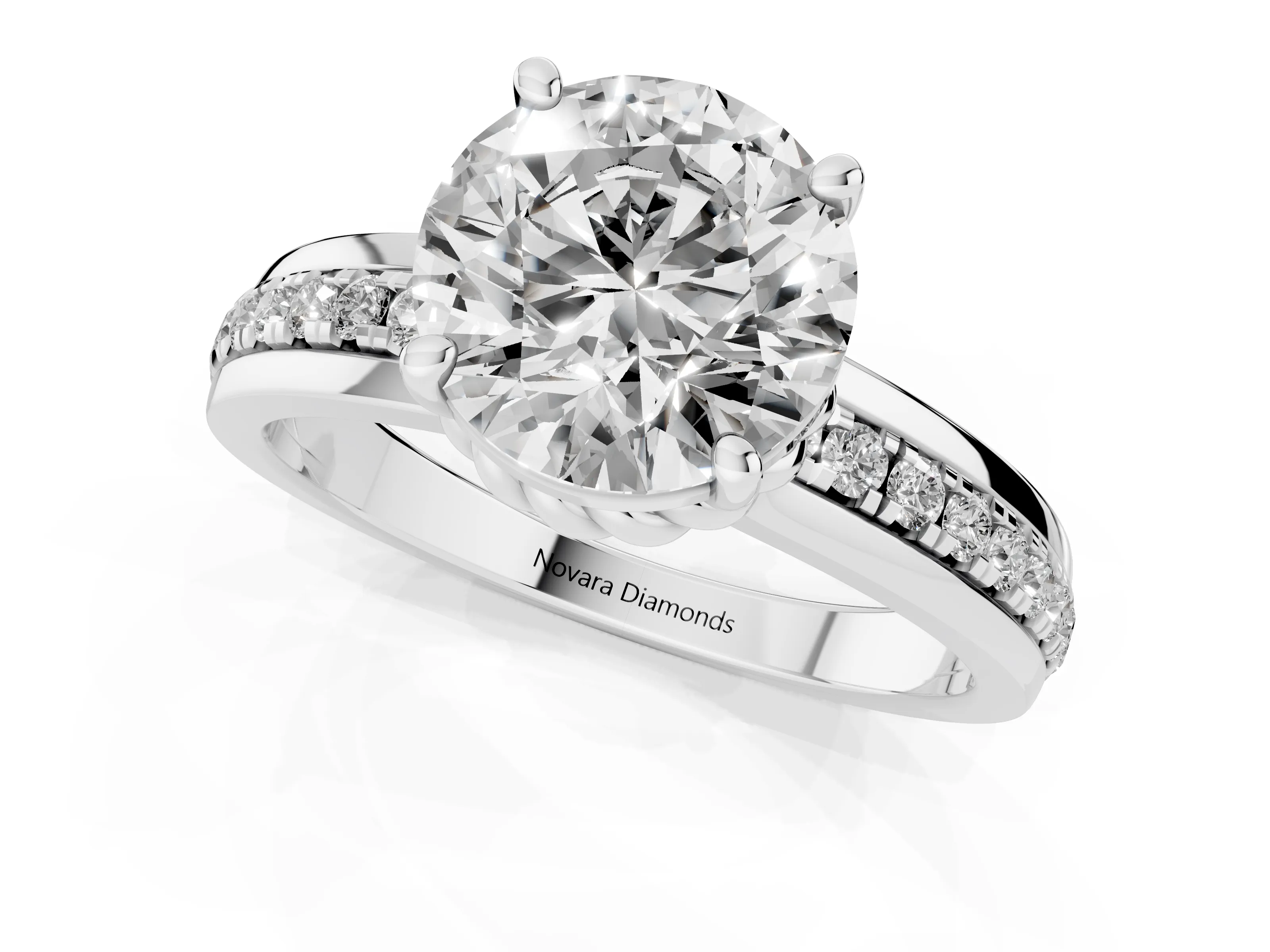 Round Cut Diamond Solitaire Ring Set in Platinum with Channel Set Band and Prong Setting