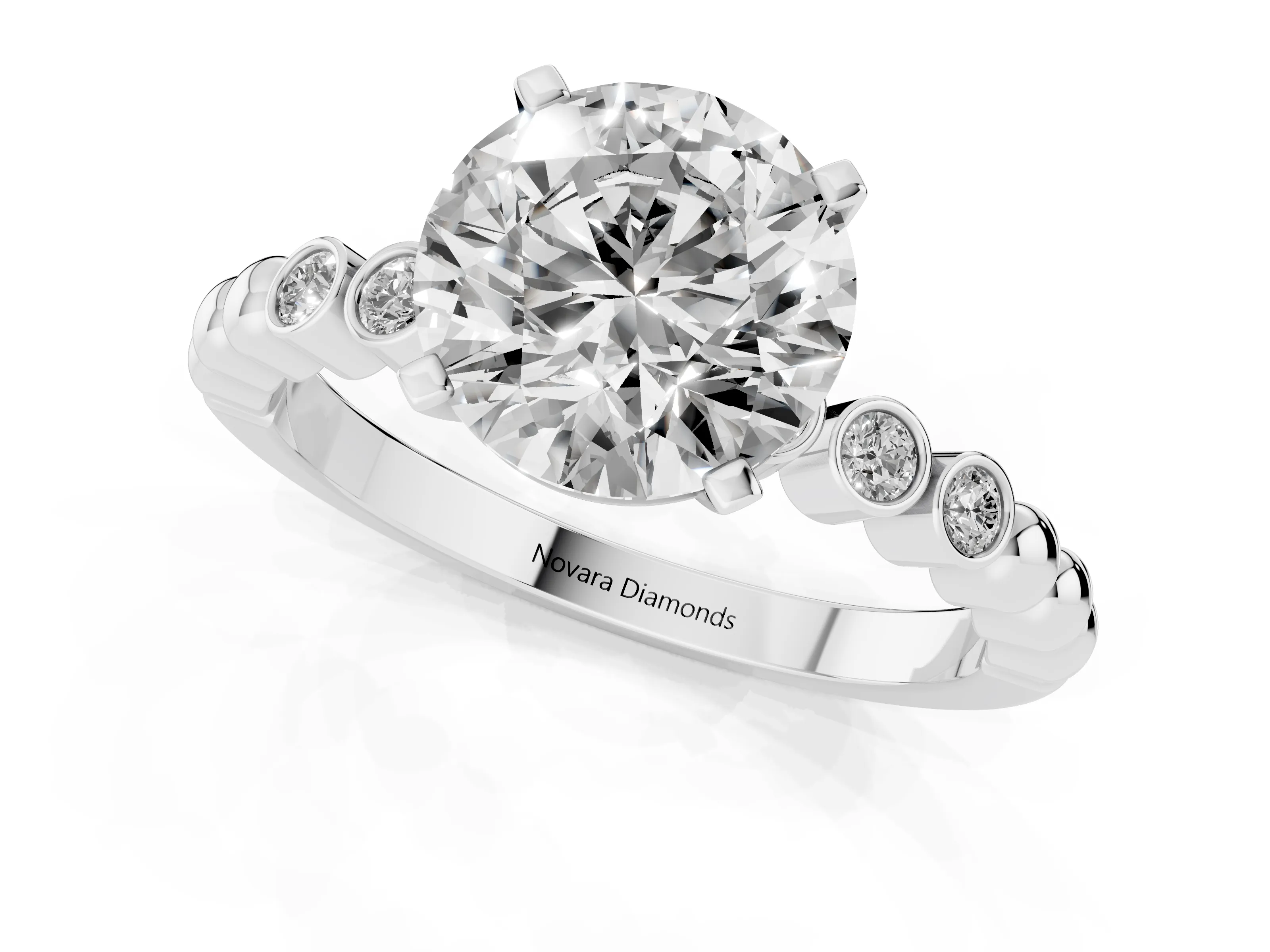 Round Cut Diamond Solitaire Engagement Ring Set in Silver with Bezel Accents on Beaded Band