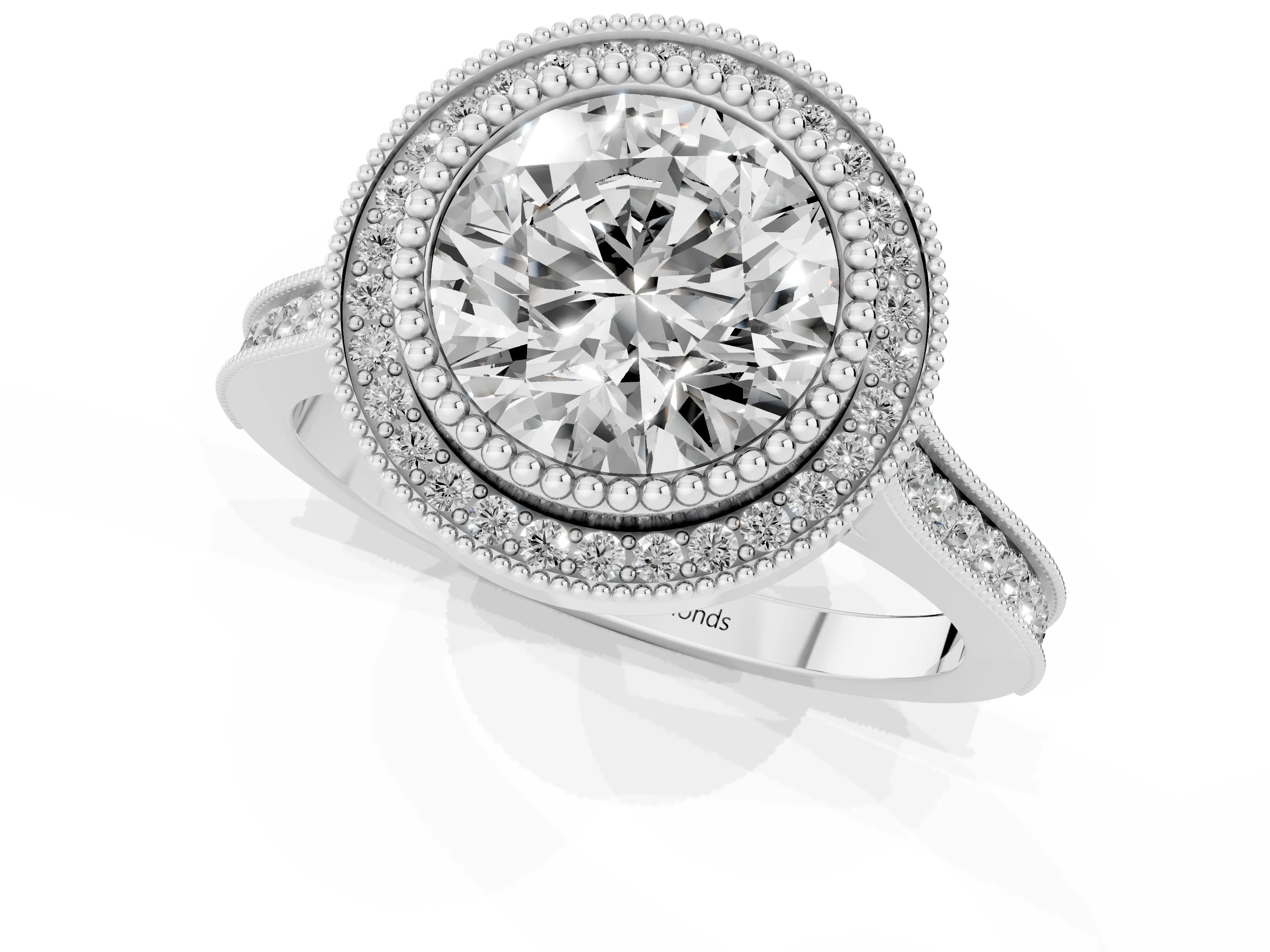 Round Cut Diamond Halo Ring Set in Platinum with Milgrain Frame and Pavé Band – second view