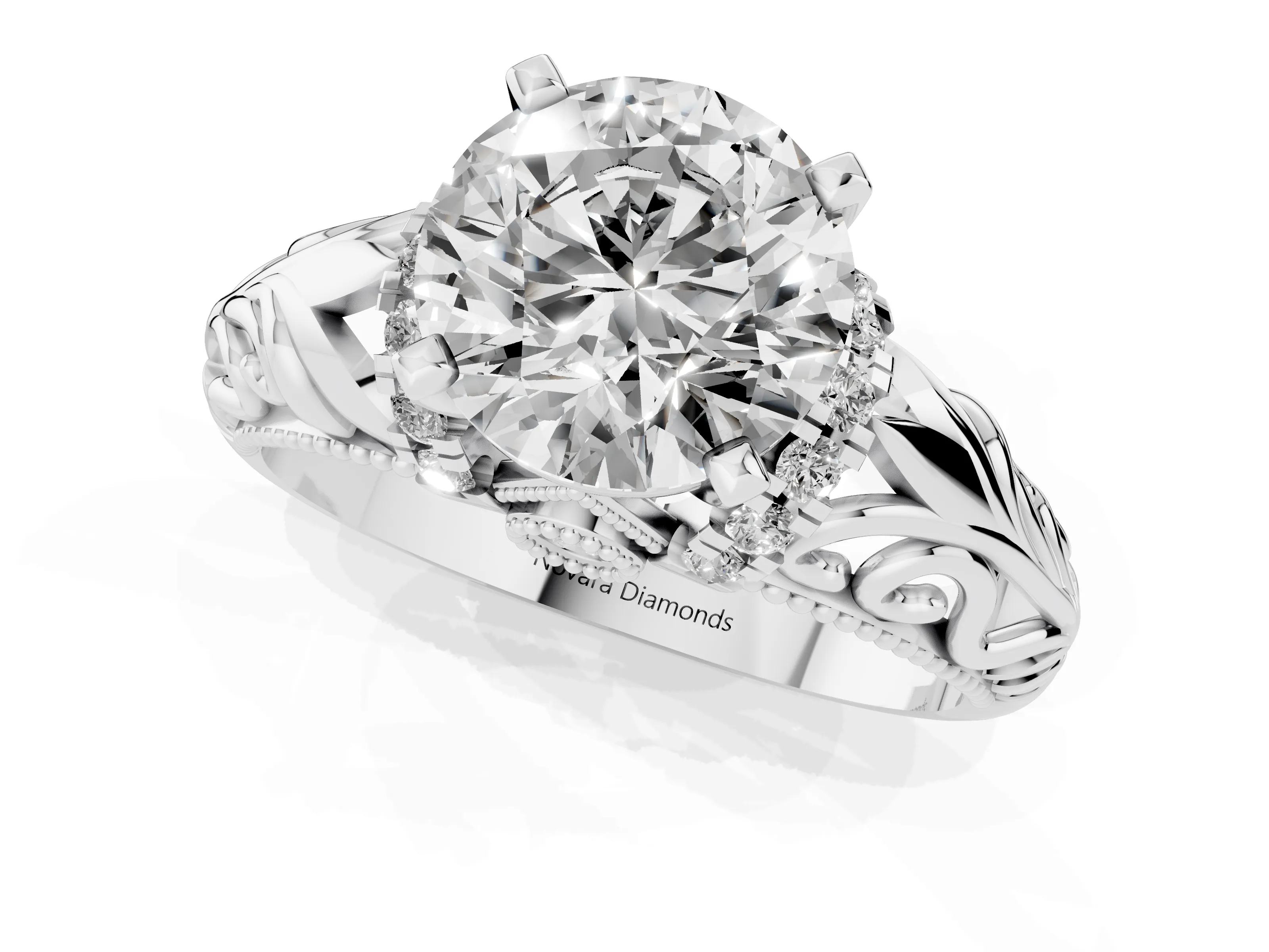 Round Cut Diamond Filigree Halo Engagement Ring Set in White gold with Prong Setting