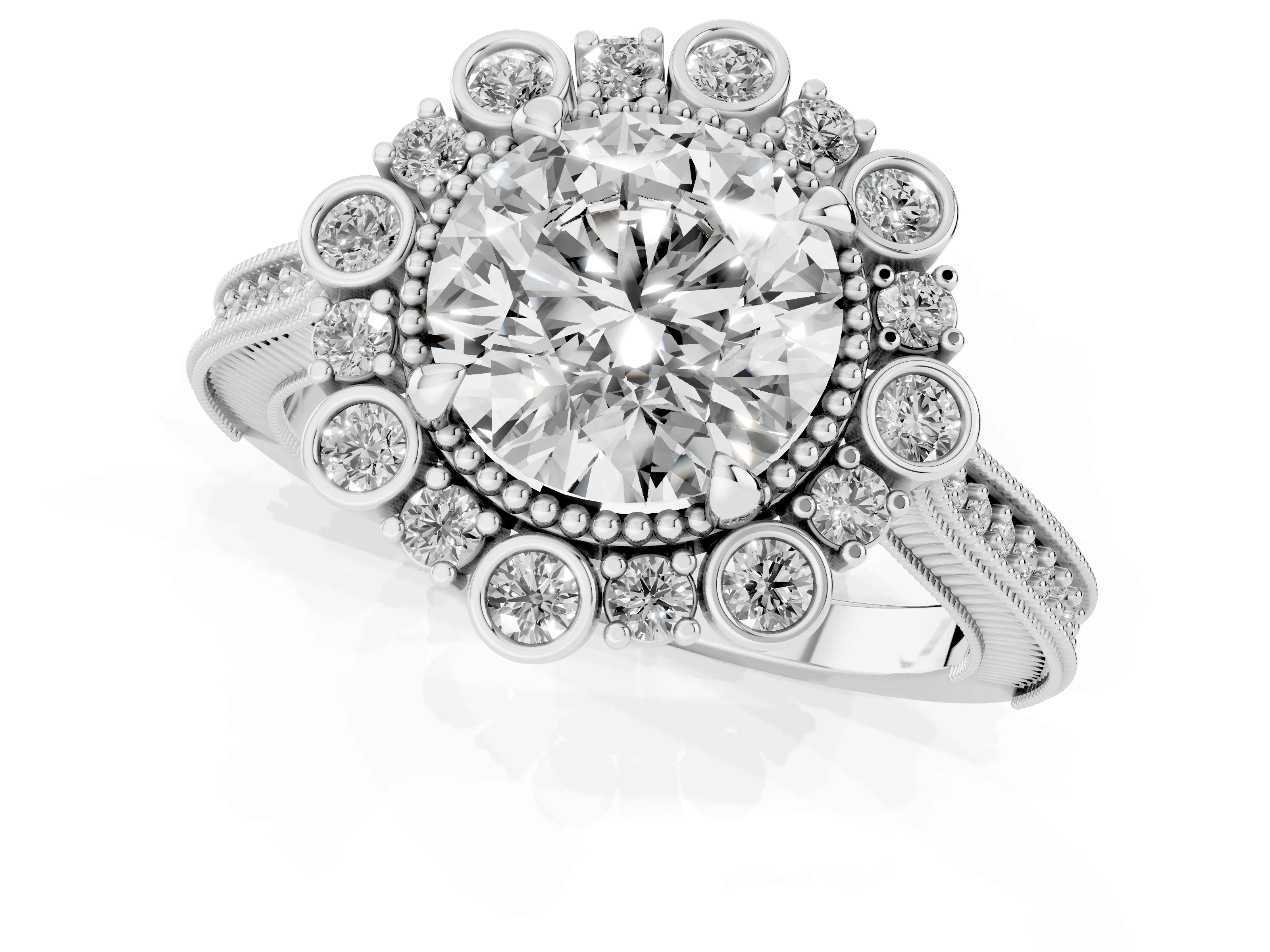 Round Cut Diamond Halo Milgrain Pavé Ring Set in White gold with Prong Setting