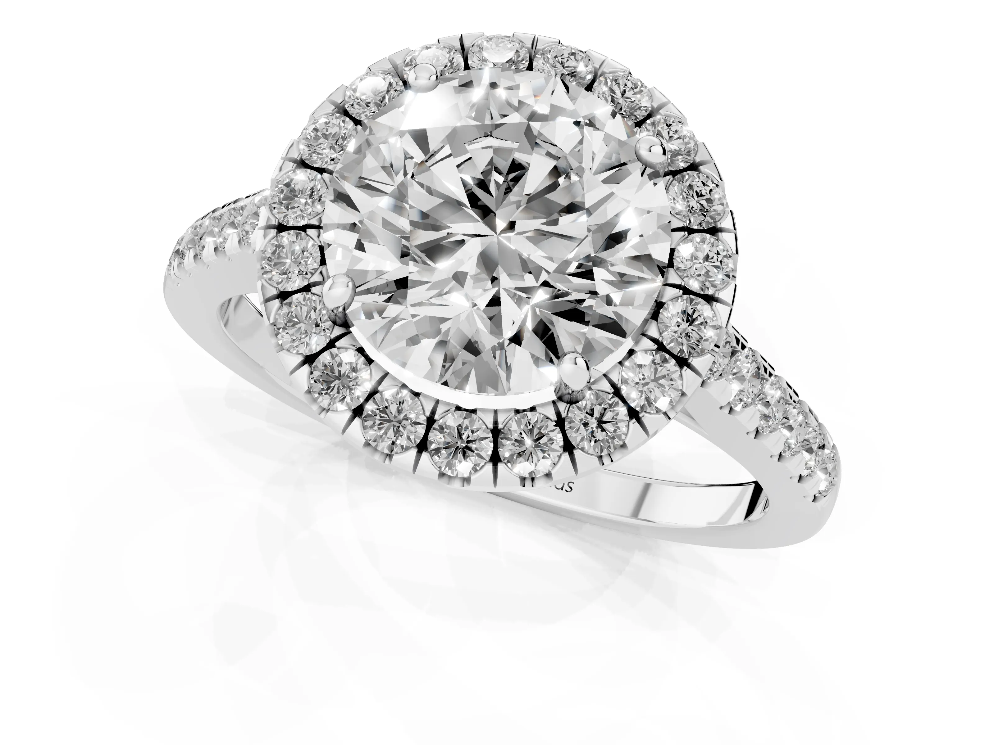 Round Cut Diamond Halo Pavé Engagement Ring Set in White gold with Prong Setting
