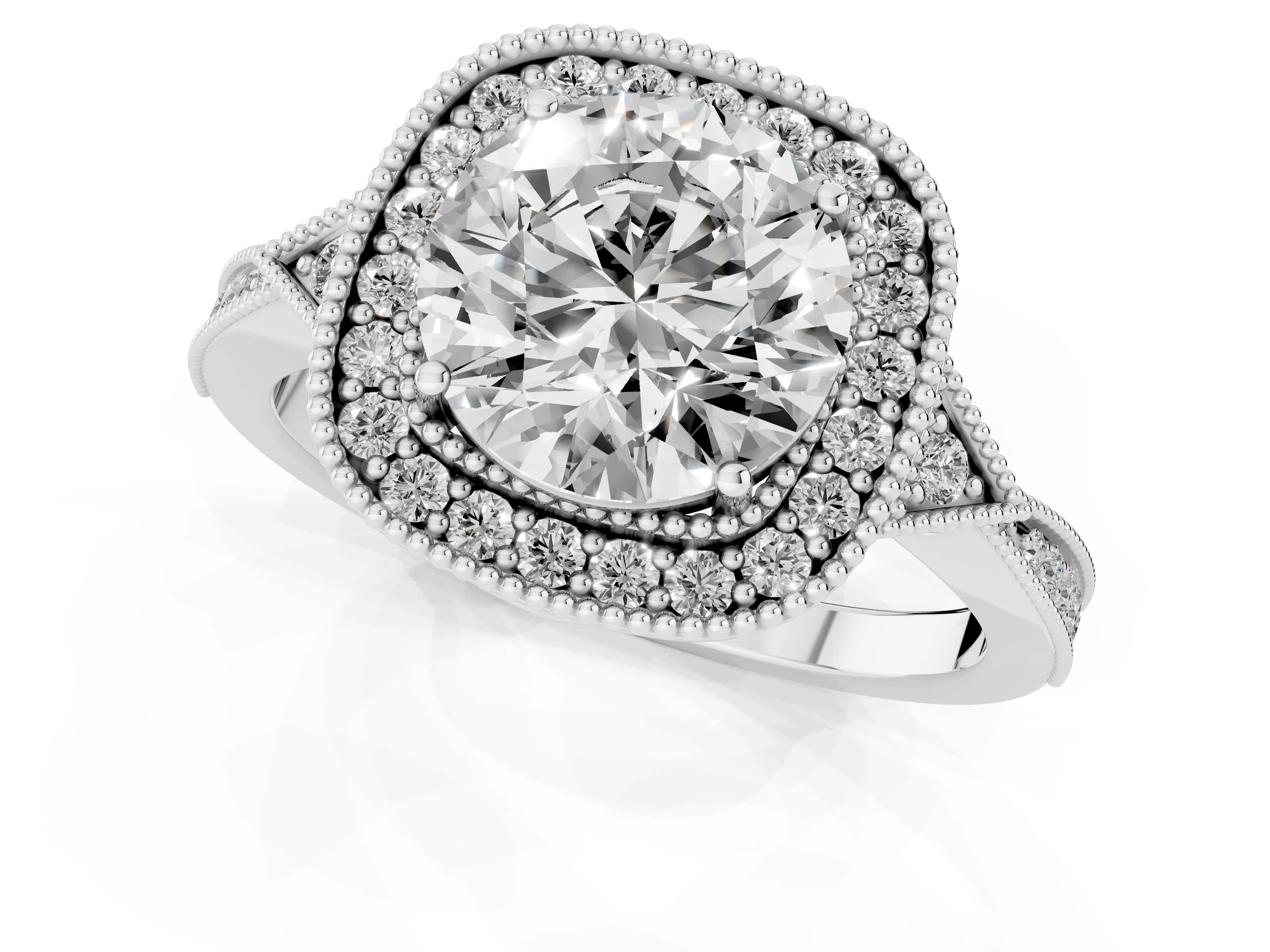 Round Cut Diamond Halo Engagement Ring Set in White gold with Milgrain Pavé Band