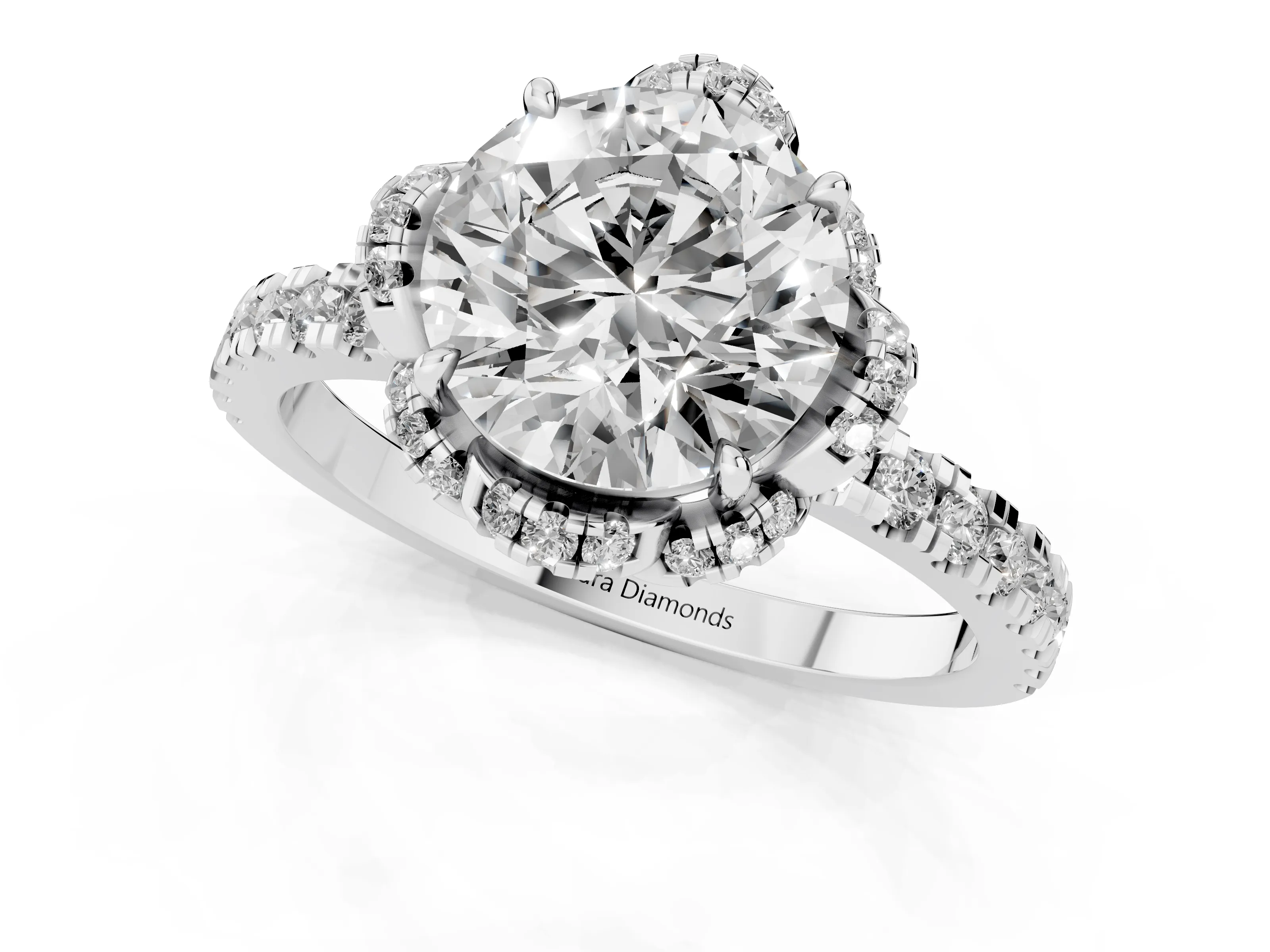 Round Cut Diamond Halo Pavé Band Ring Set in White gold with Prong-Held Center