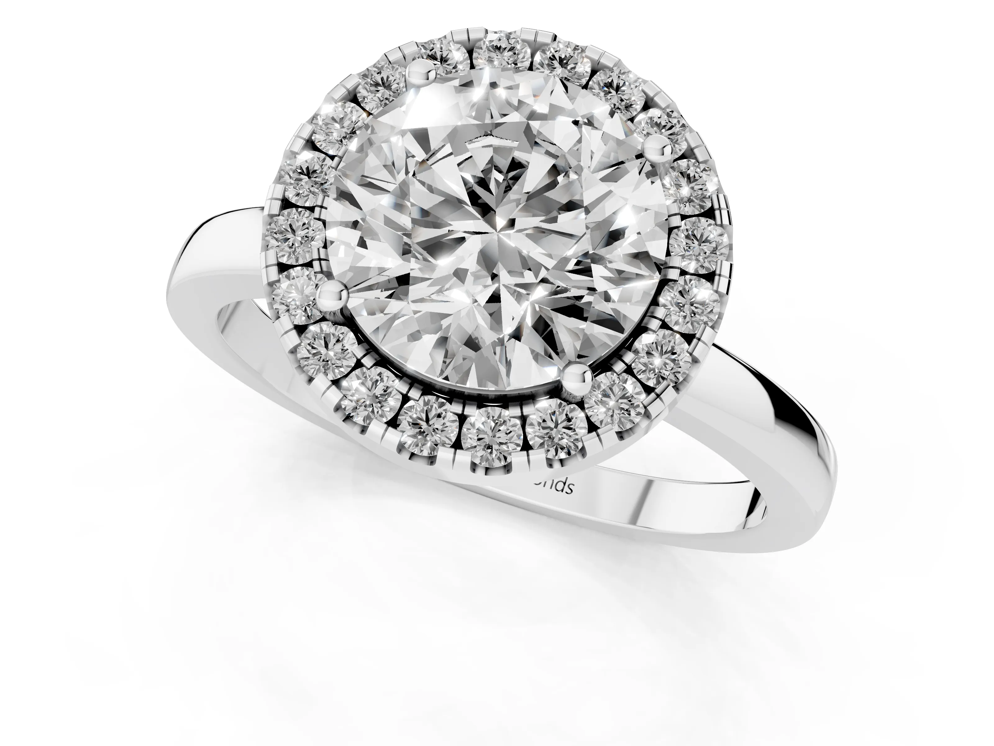 Round Cut Diamond Halo Solitaire Ring Set in White gold with Pavé Band and Prong Setting
